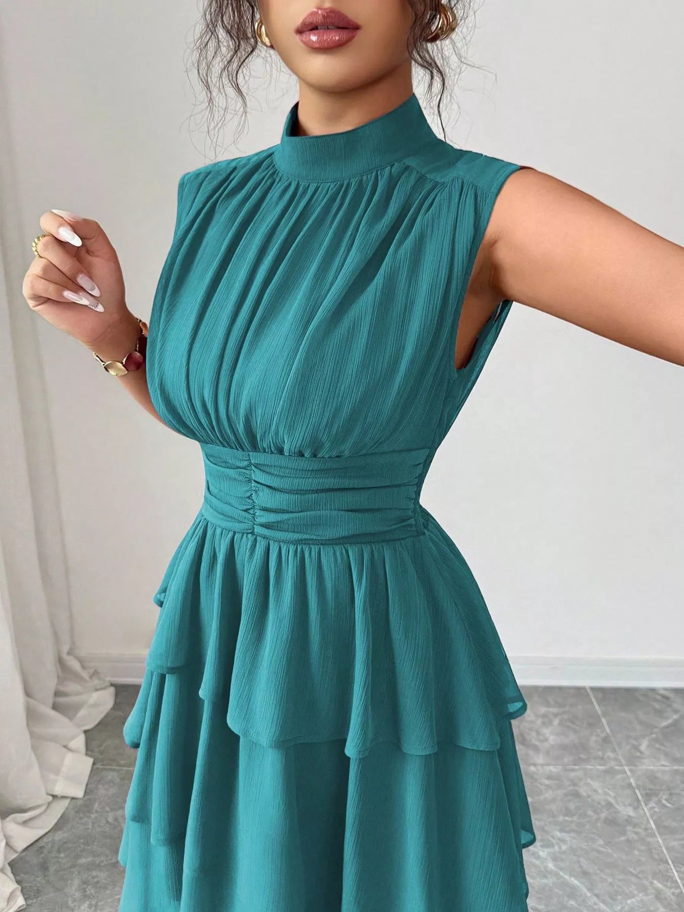 Sleeveless Mock Neck Layered Ruffle Dress