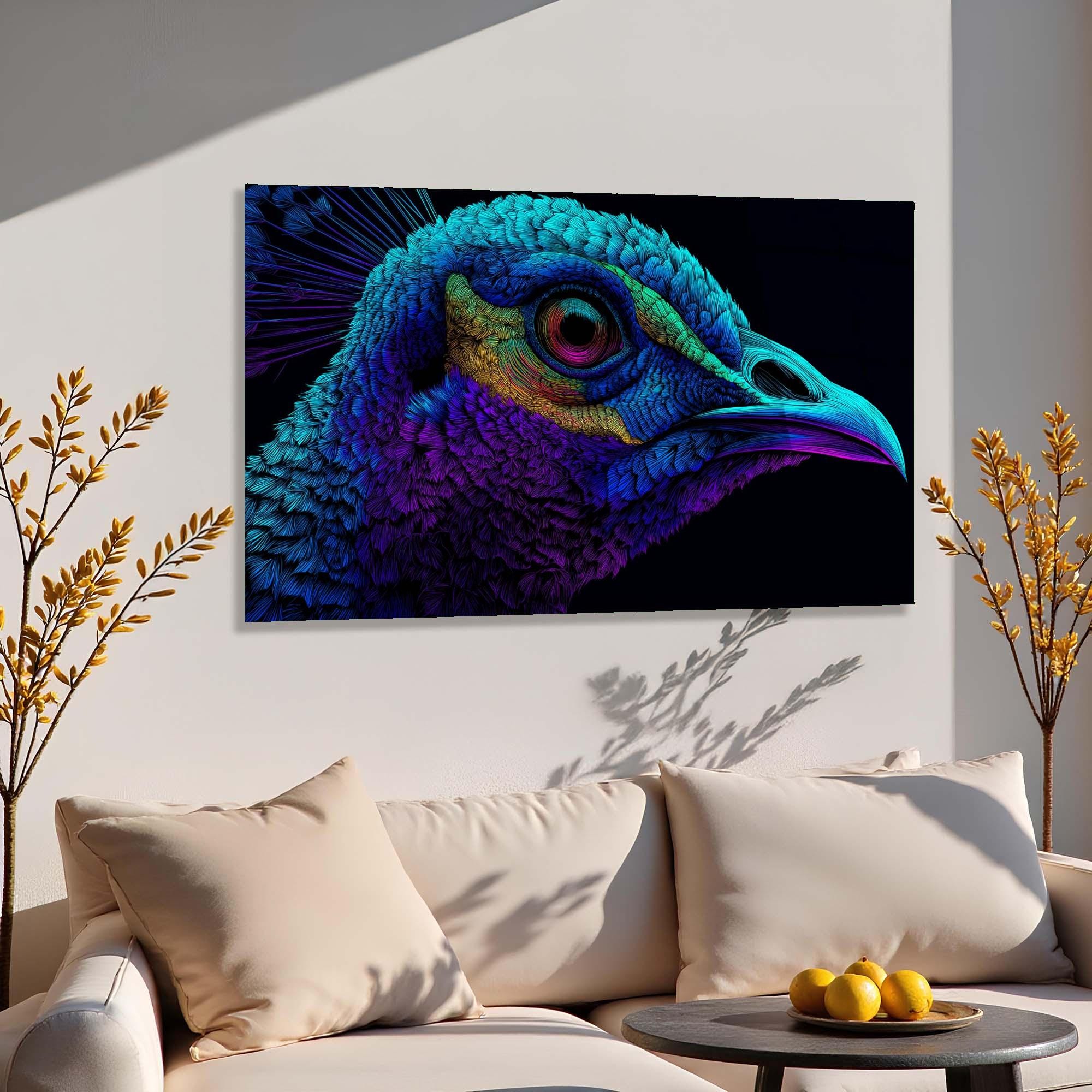 Neon Peacock Portrait Tempered Glass Wall Art | Custom Large Glass Wall Decor for Living Room