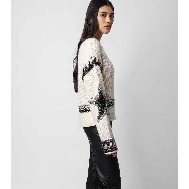 Autumn and Winter Design Sequined Cashmere Pullover Sweater