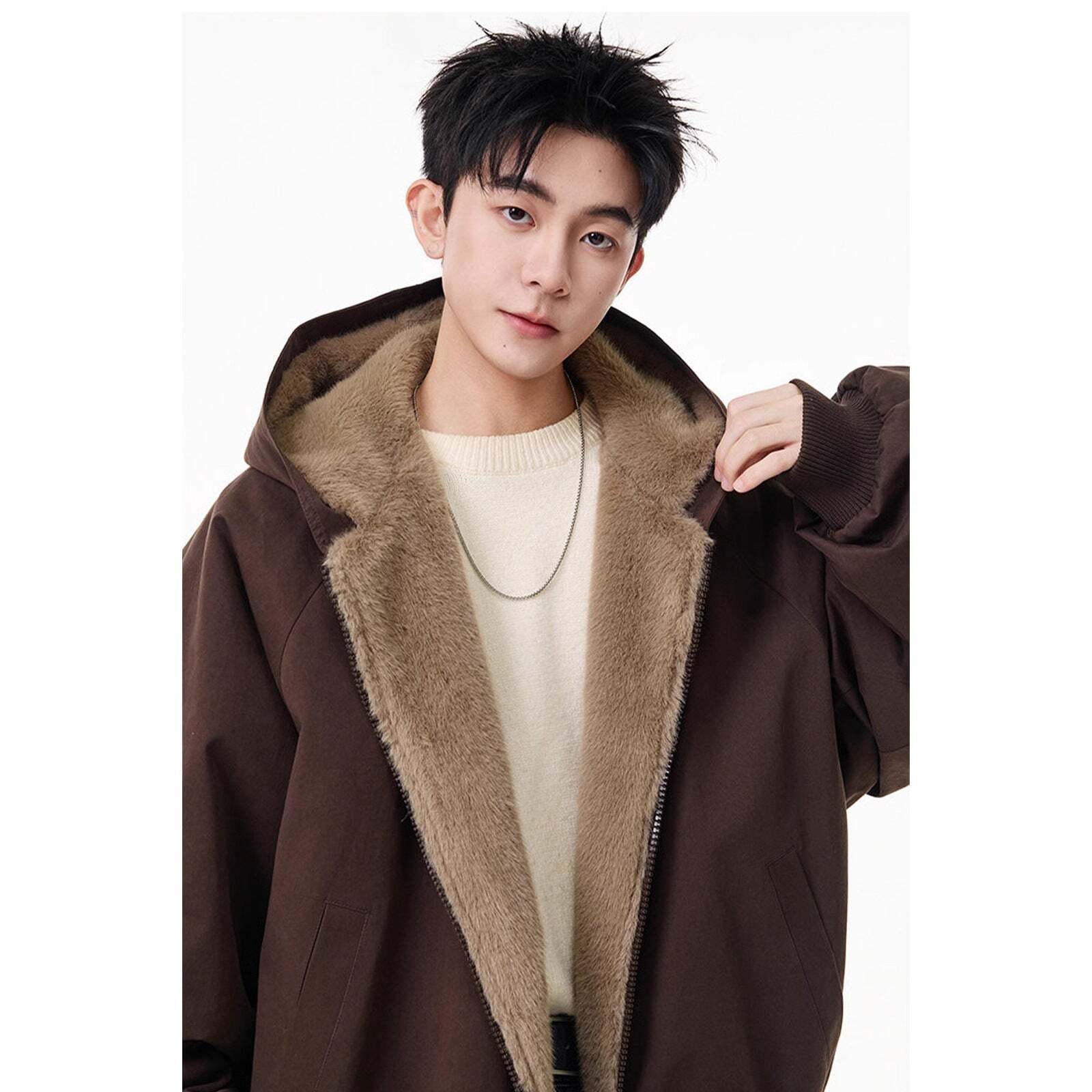 Reversible Faux Rabbit Fur Lined Cotton Coat for Men Winter Fashion Brand Loose Premium Thick Warm Hooded Cotton Jacket