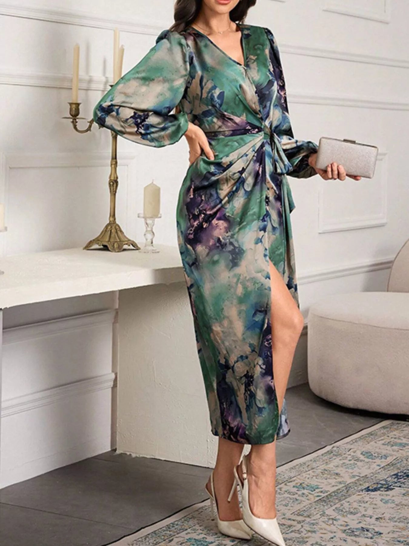 Printed Tie Waist Balloon Sleeve Dress