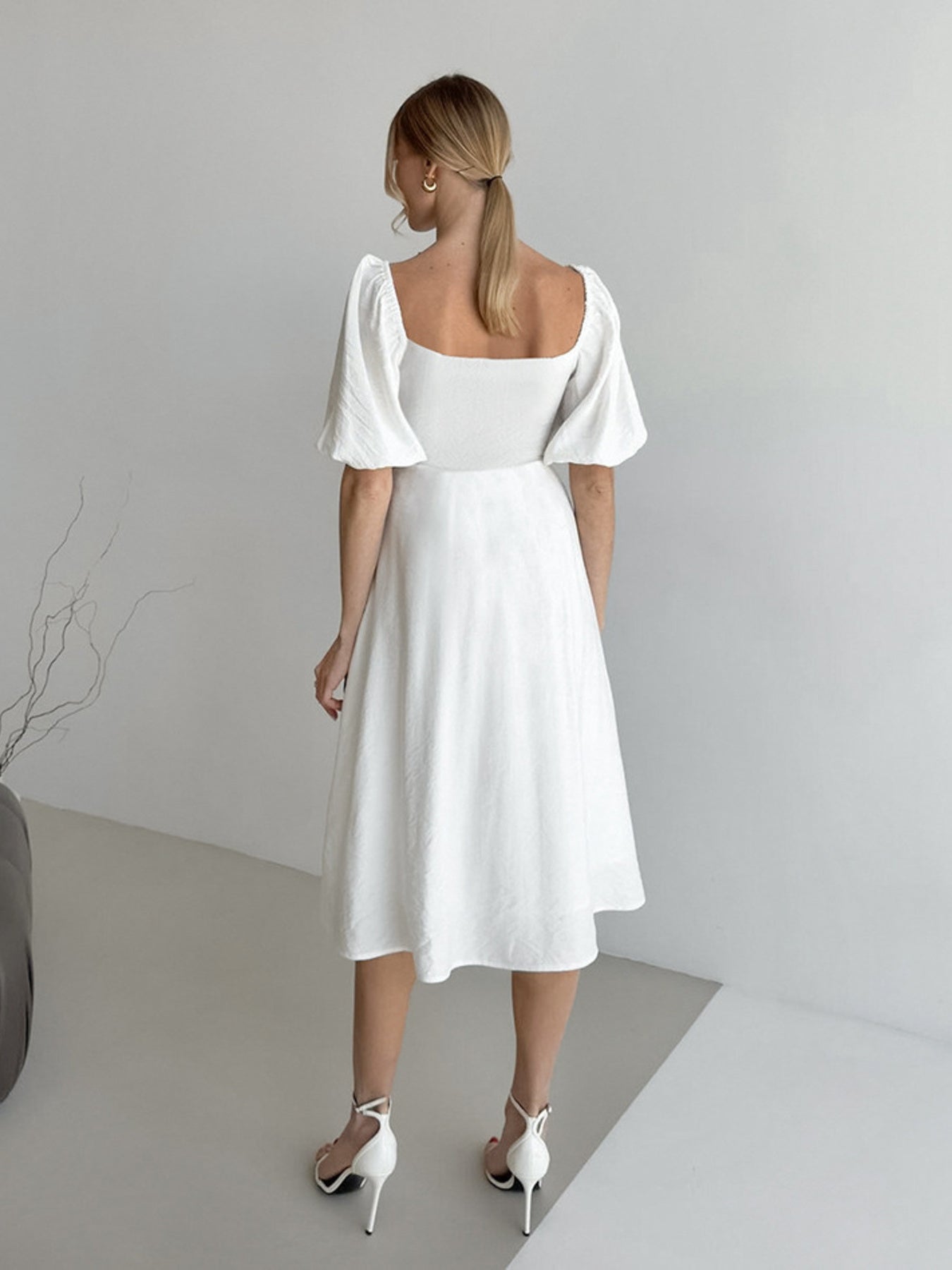 Twisted Front Puff Sleeve Midi Dress