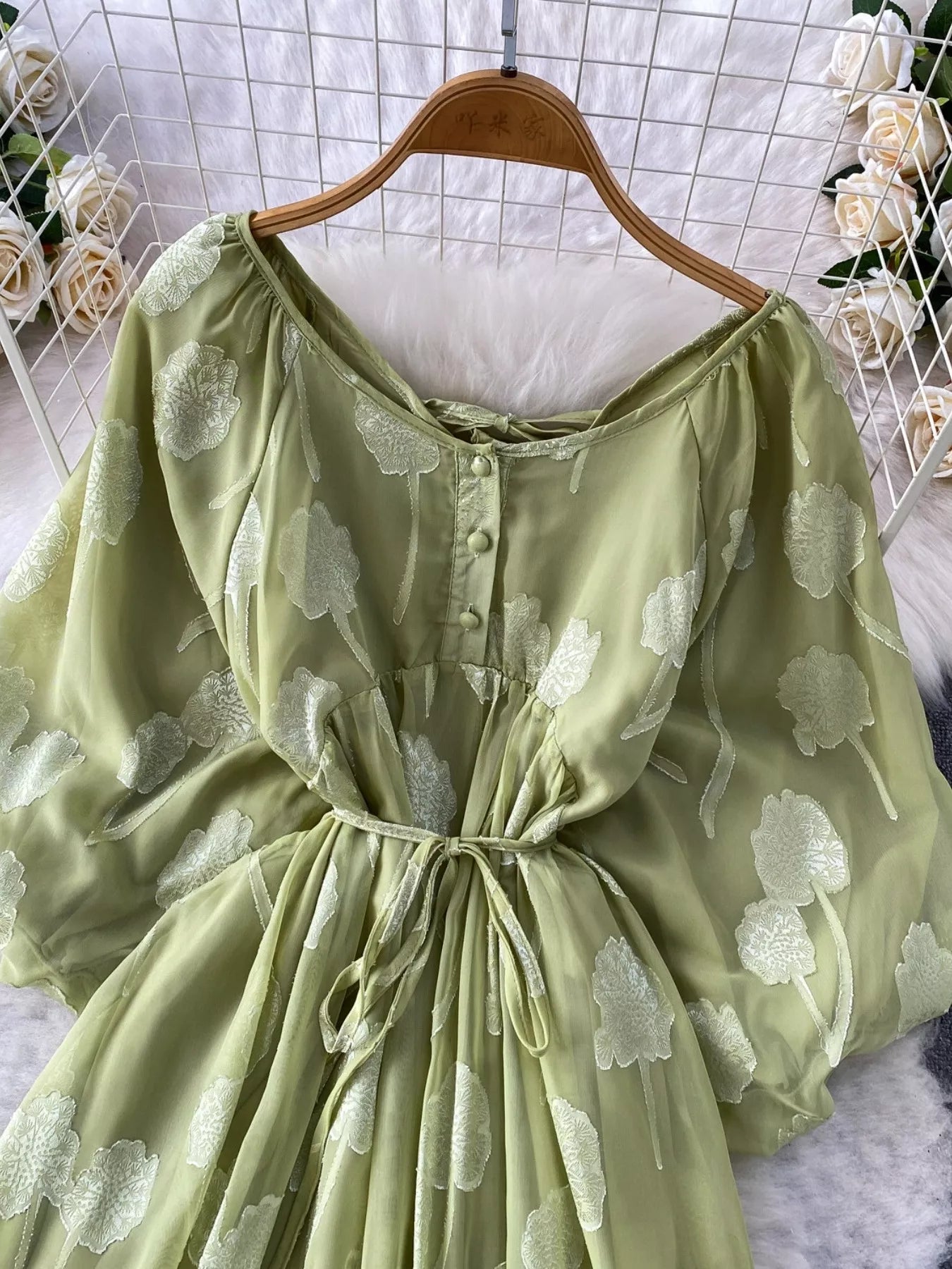 Button Front Puff Sleeve Chiffon Dress