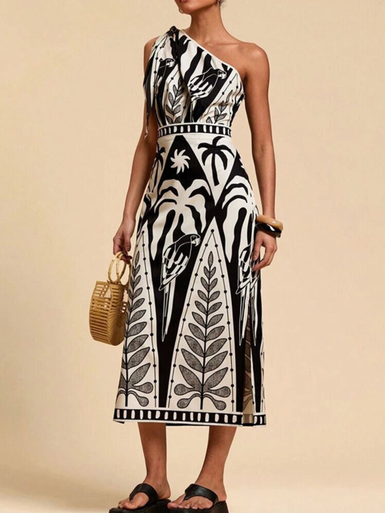 One-Shoulder Tropical Print Midi Dress