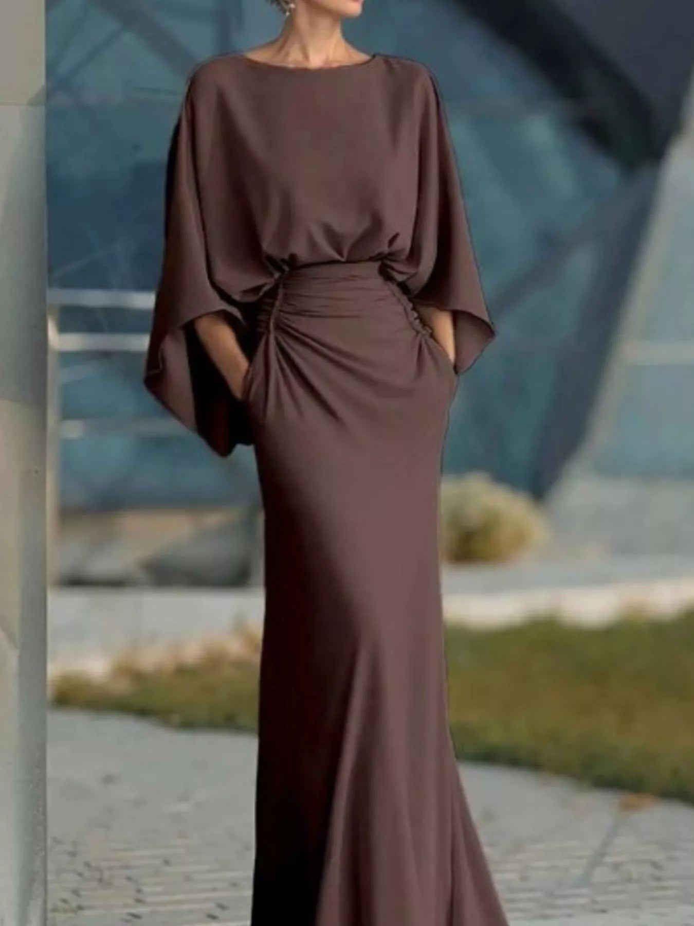 Batwing Sleeve Ruched Maxi Dress