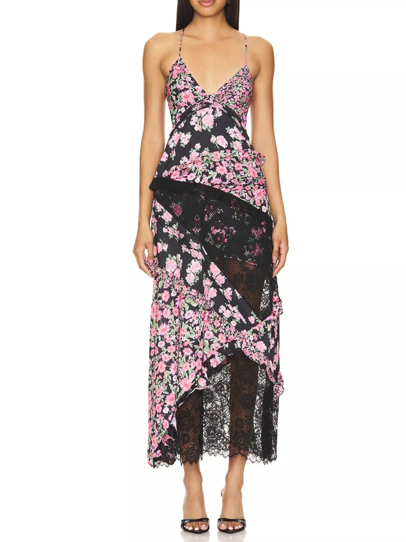 Lace Floral Print Ruffle Trim Maxi Dress