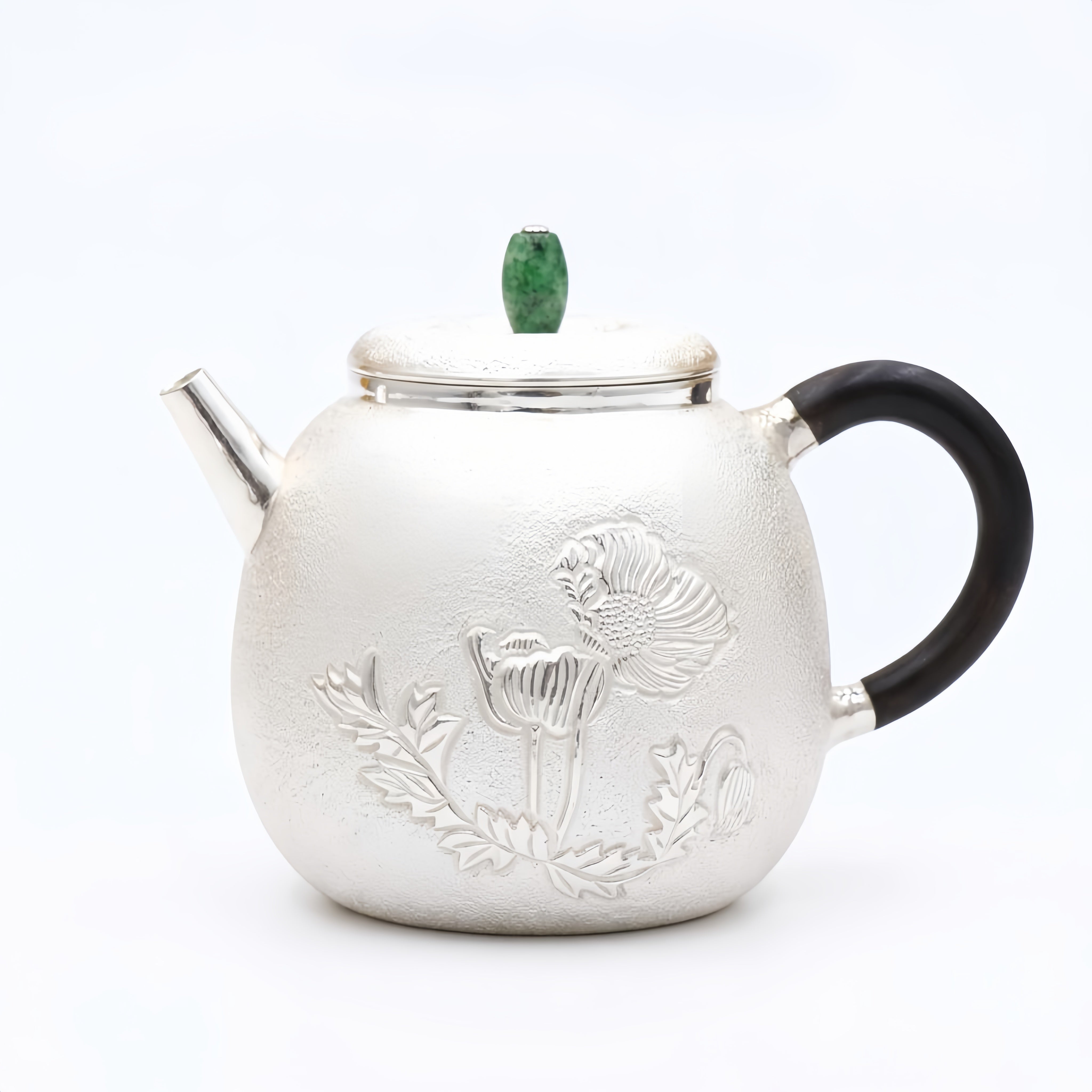 925 Sterling Silver Elegant Teapot with Floral Engraving and Emerald Gemstone-exquisite handmade teapot - Handicraft