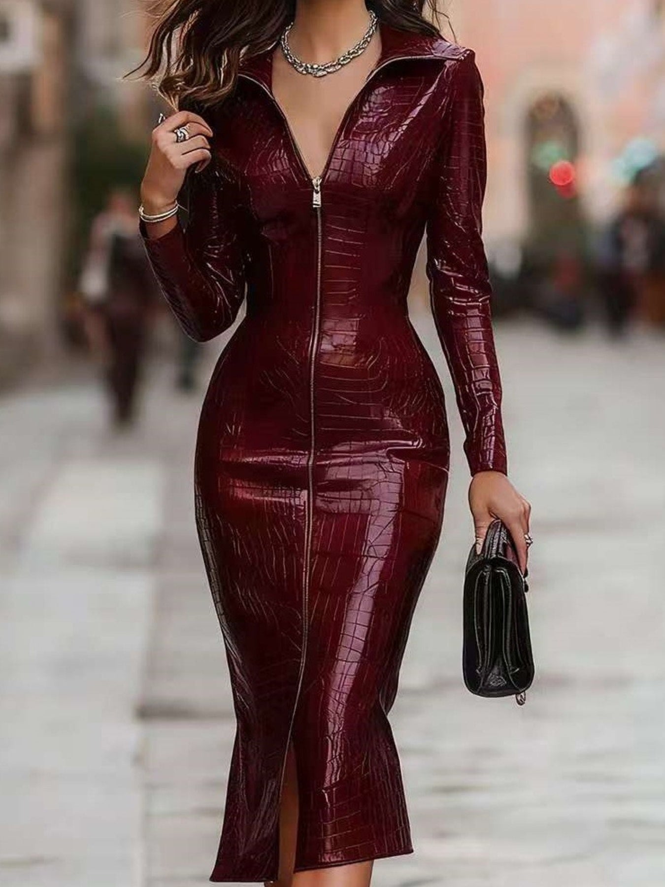 Full Size Crocodile Embossed Zipper Front Bodycon Midi Dress Plus Size