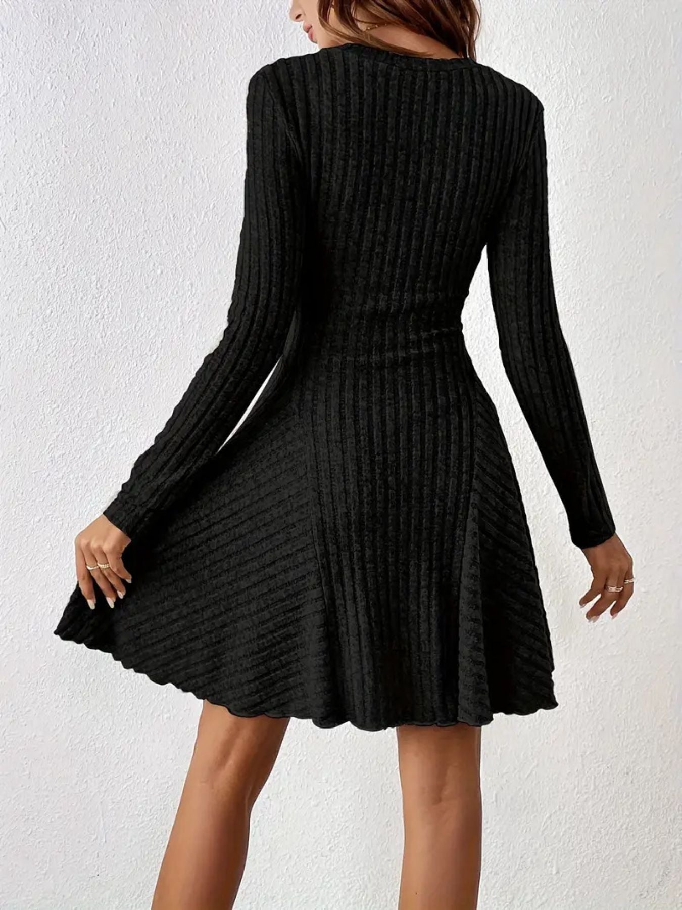 Ribbed Knit Long Sleeve A-Line Dress