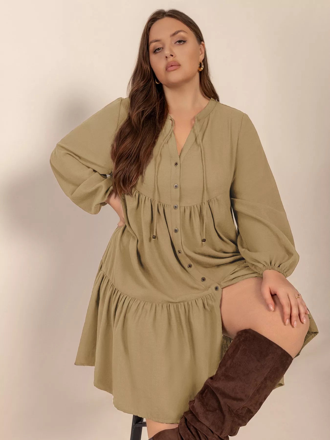 Plus Size Tie Neck Balloon Sleeve Dress