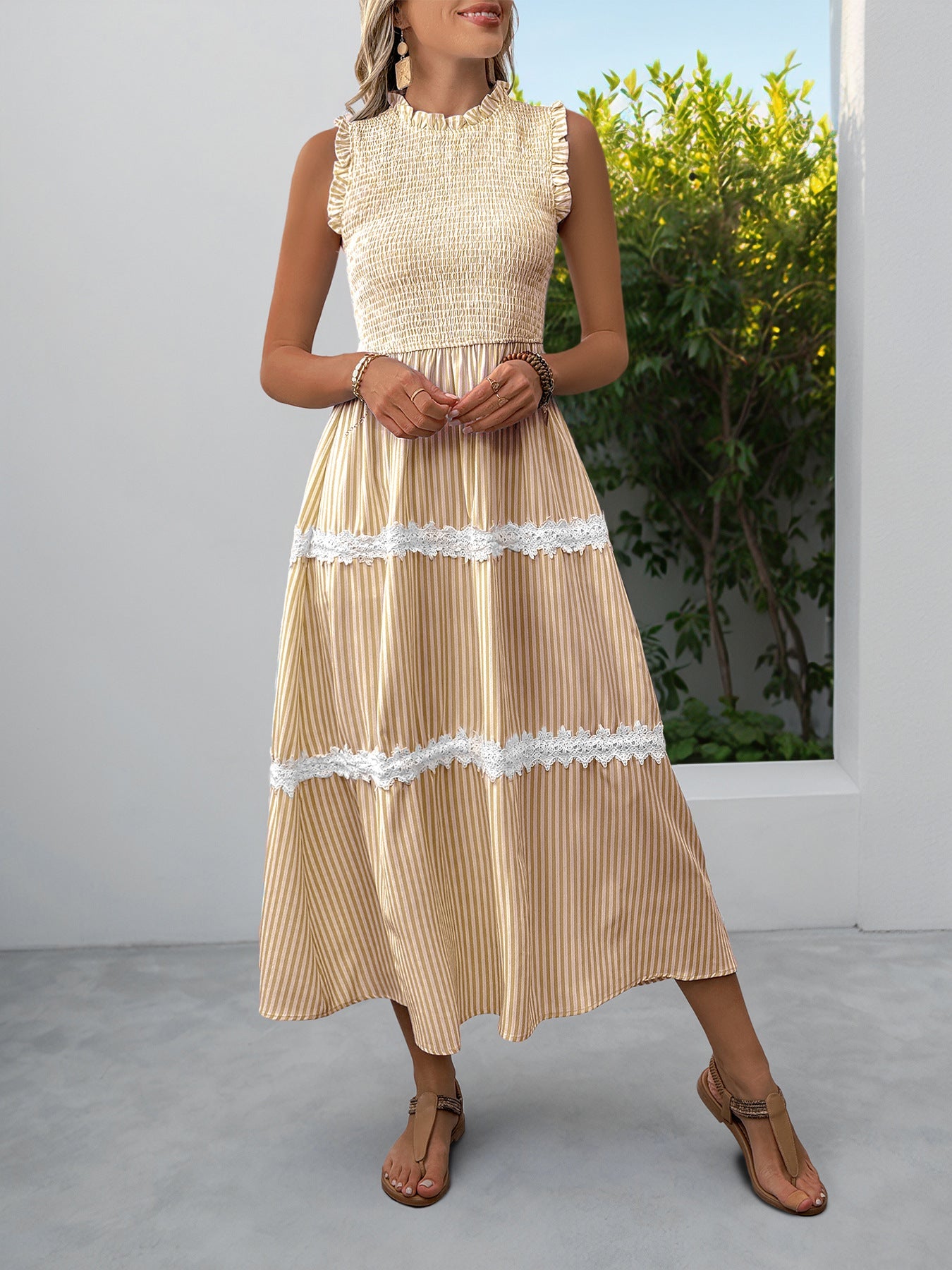 Striped Smocked Sleeveless Tiered Midi Dress