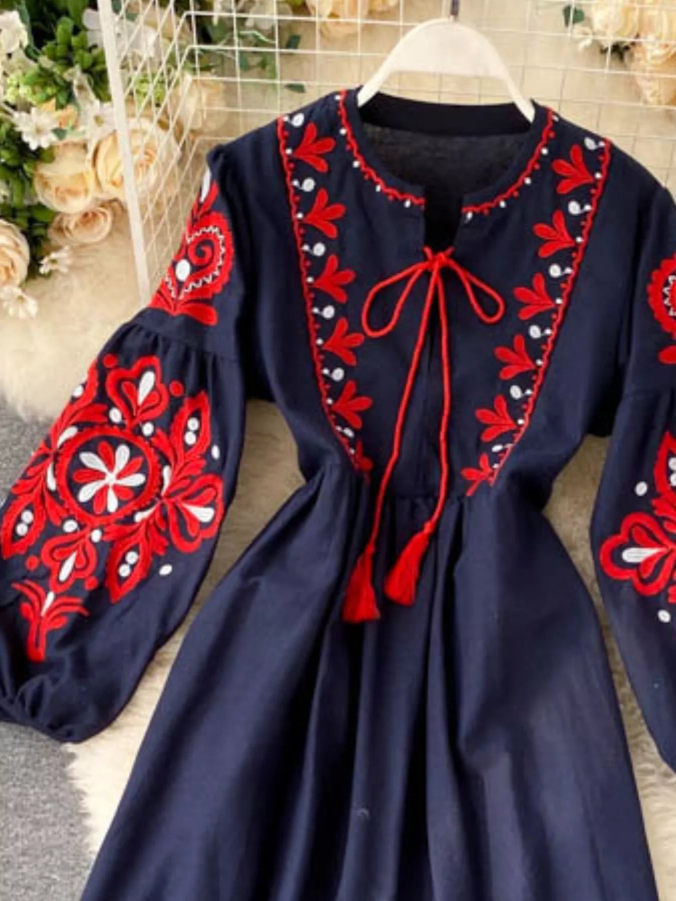 Embroidered Tie Neck Long Sleeve Dress