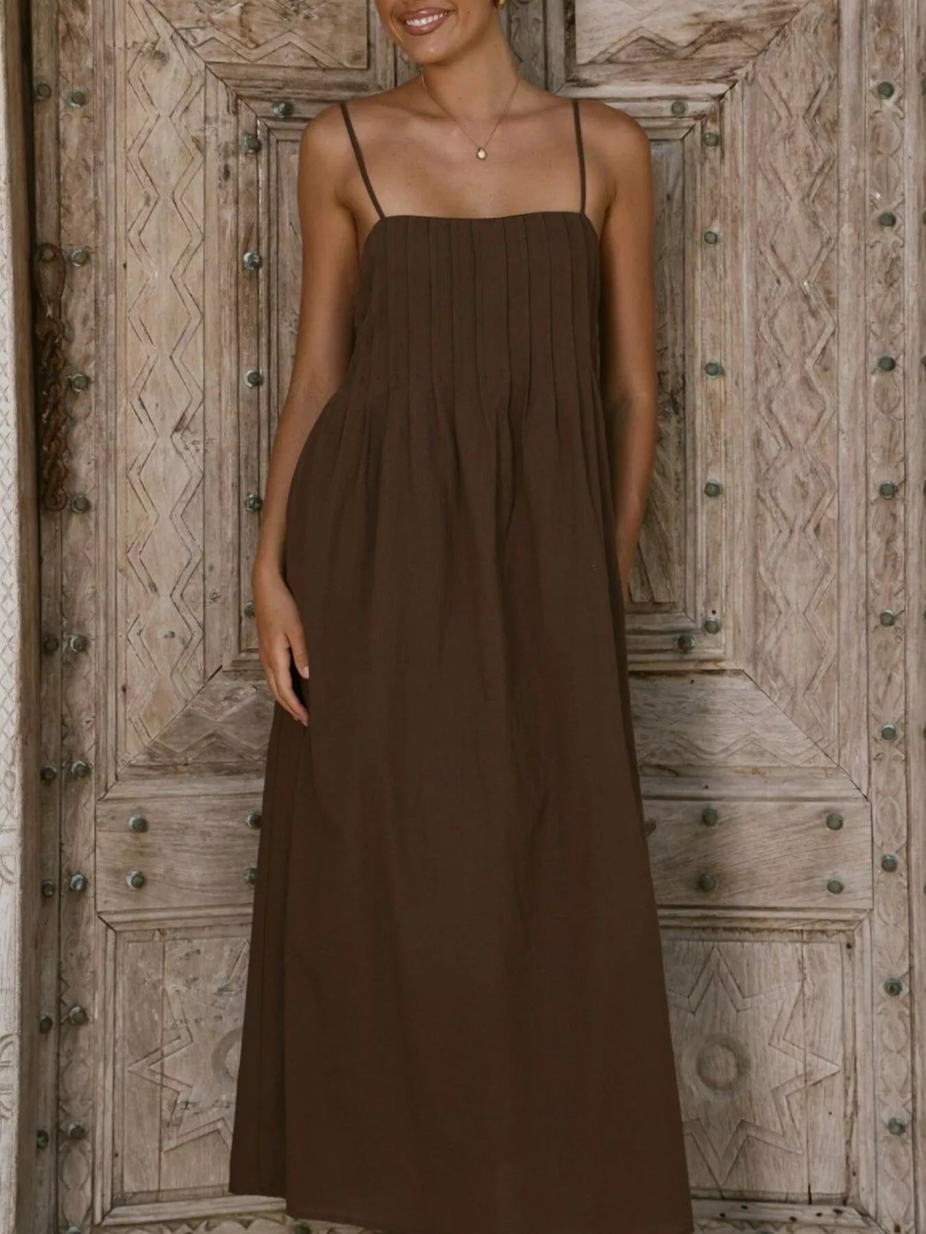 Pleated Bodice Midi Cami Dress