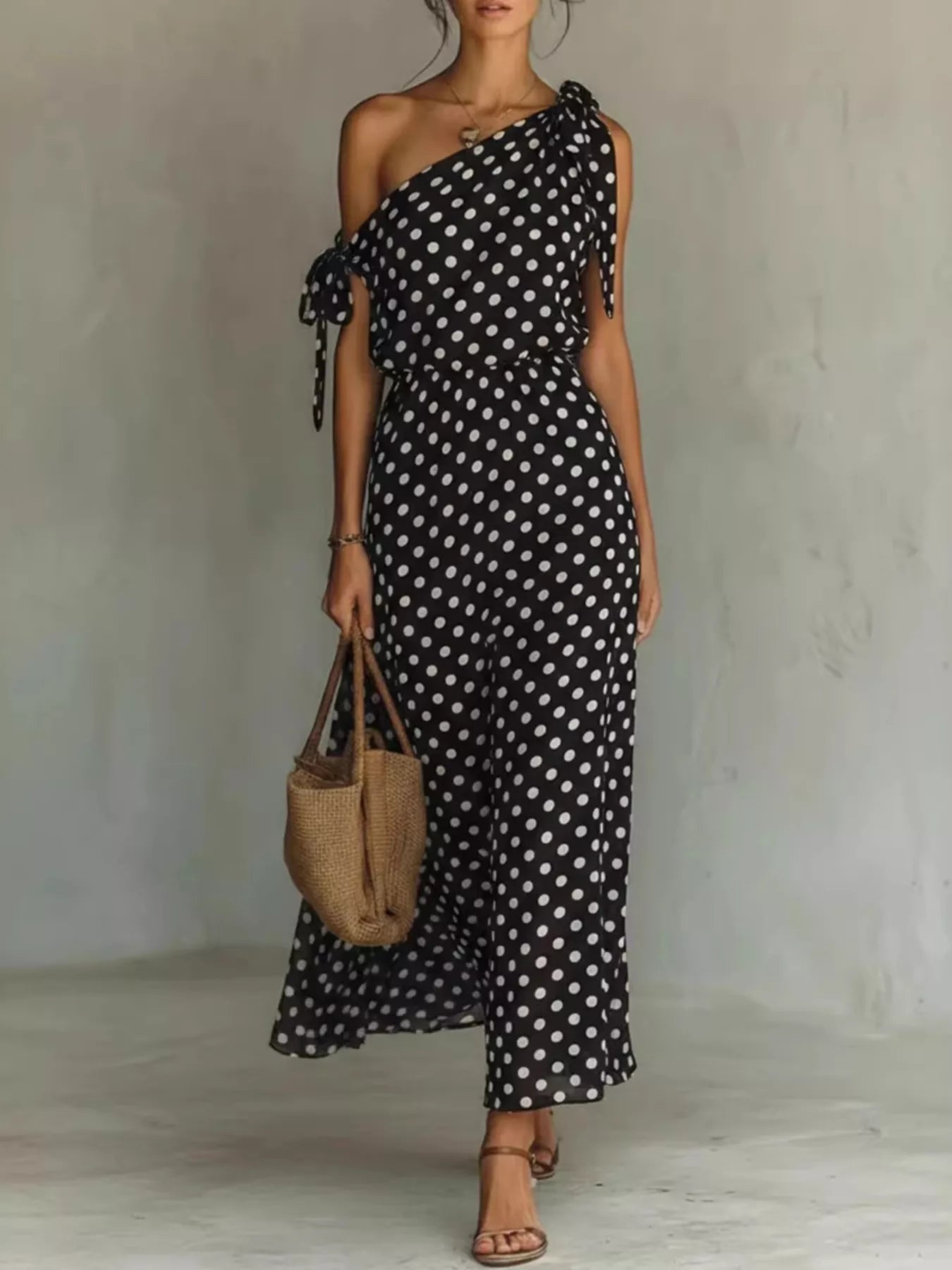 Full Size Polka Dot One-Shoulder Maxi Dress Plus Size