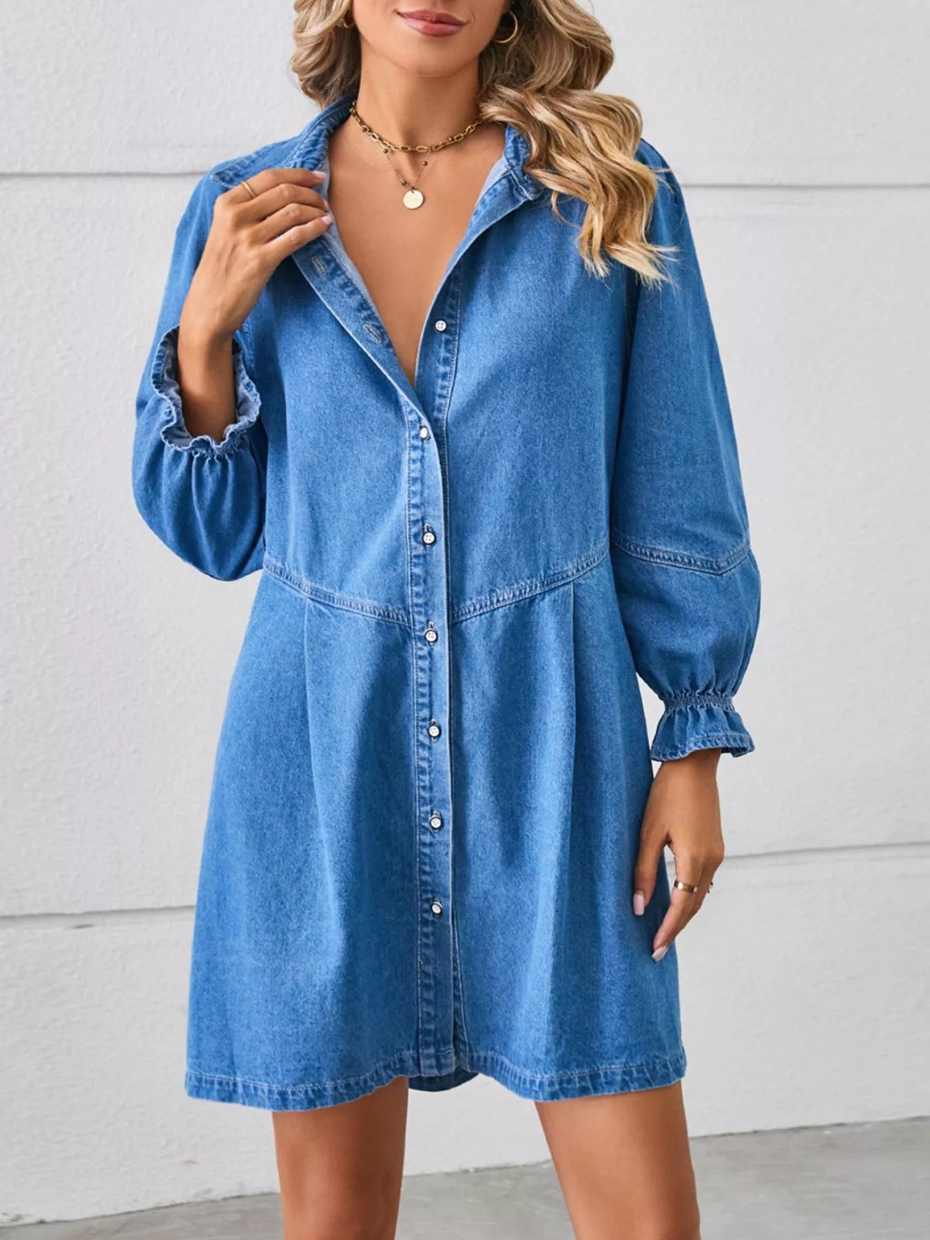 Button-Front Ruffle Cuff Denim Dress