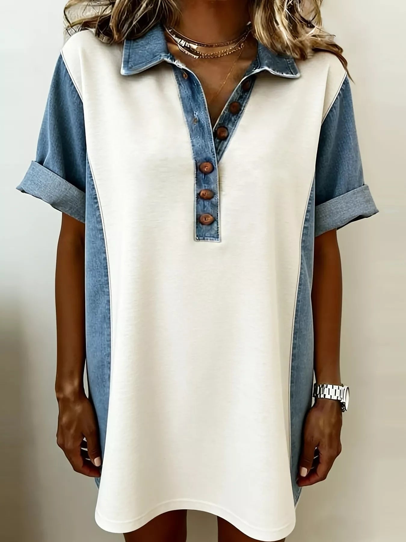 Denim Patchwork Button Front Mini Dress