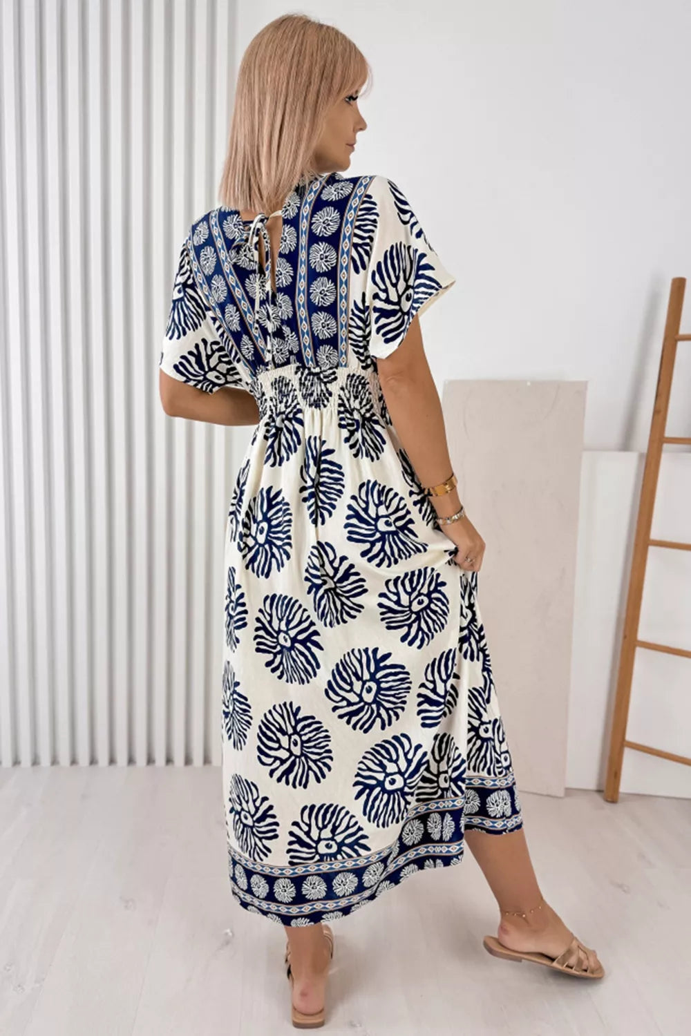 Floral Print Contrast Patchwork V Neck Dolman Dress