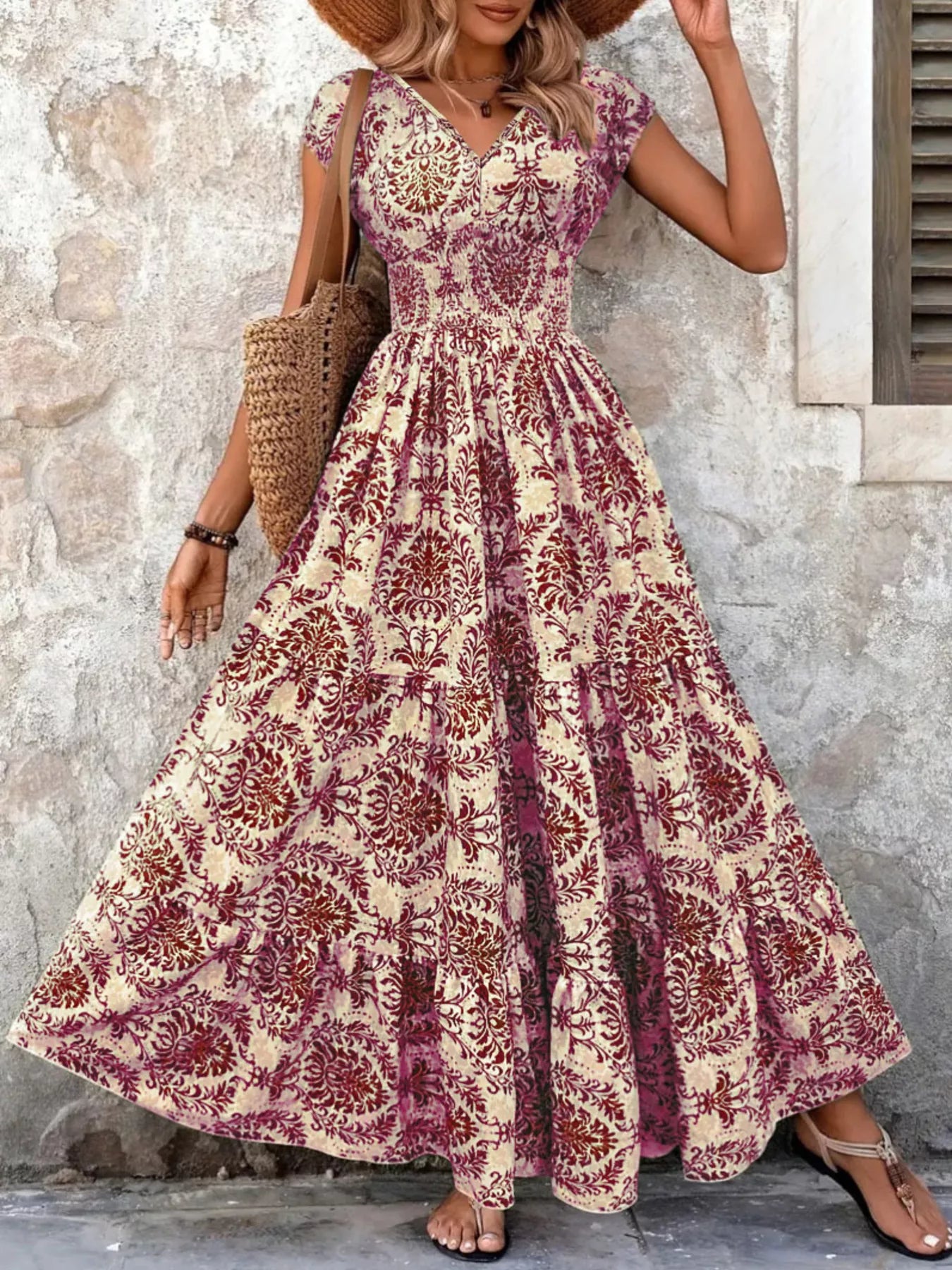 Full Size Printed V-Neck Tiered Maxi Dress Plus Size