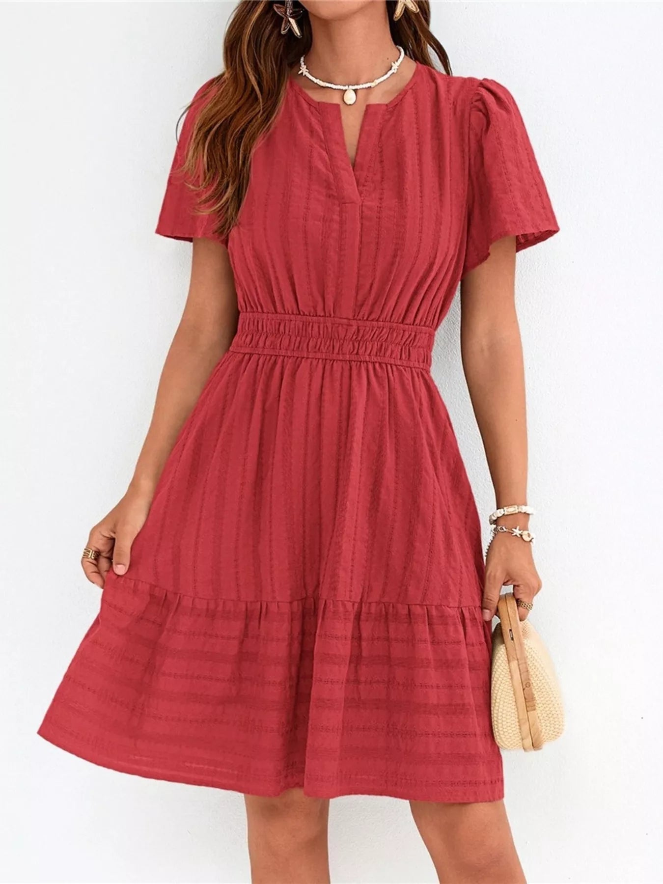 Short Sleeve Smocked Waist Tiered Dress