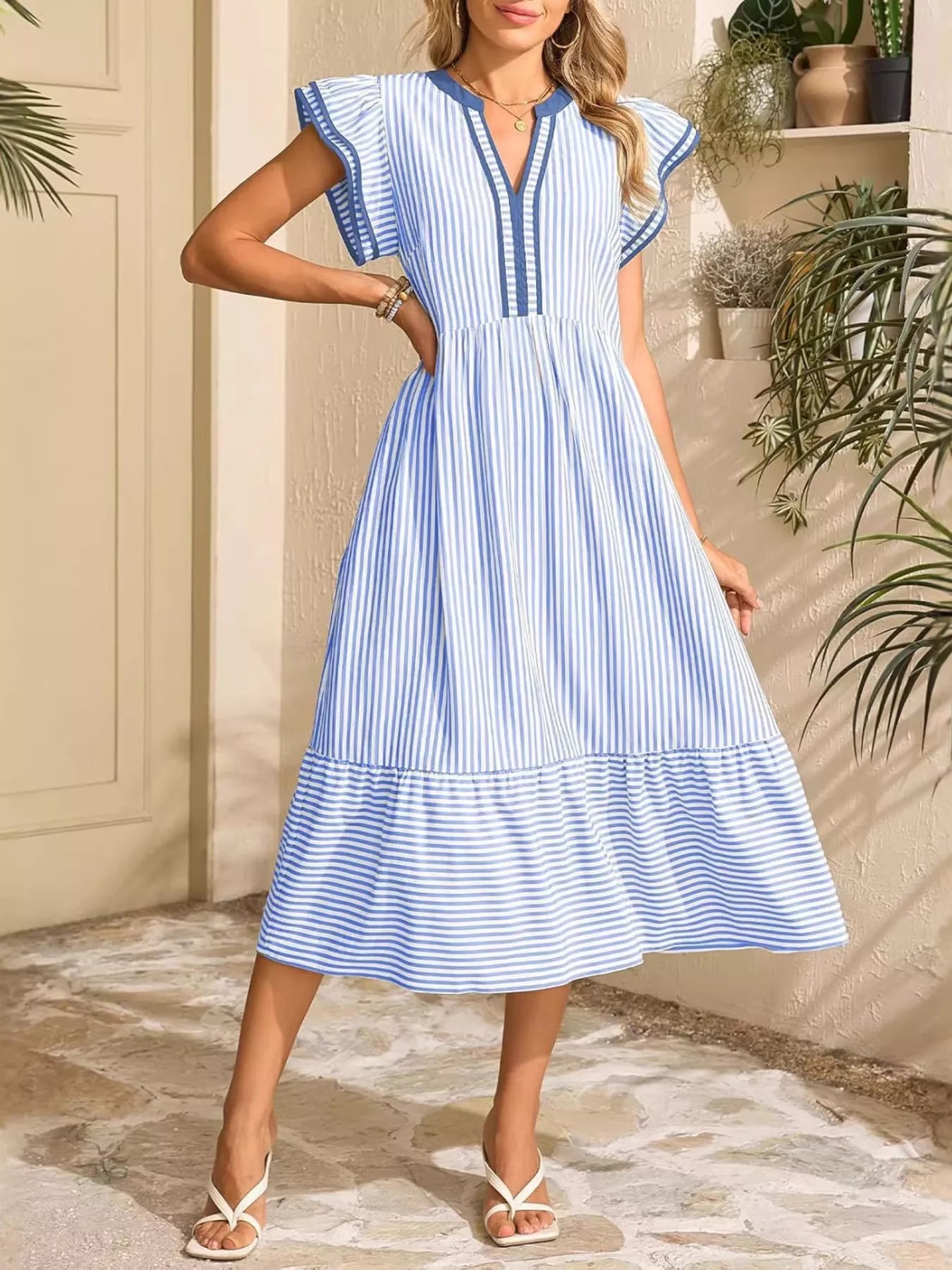 Striped Ruffle Sleeve Midi Dress