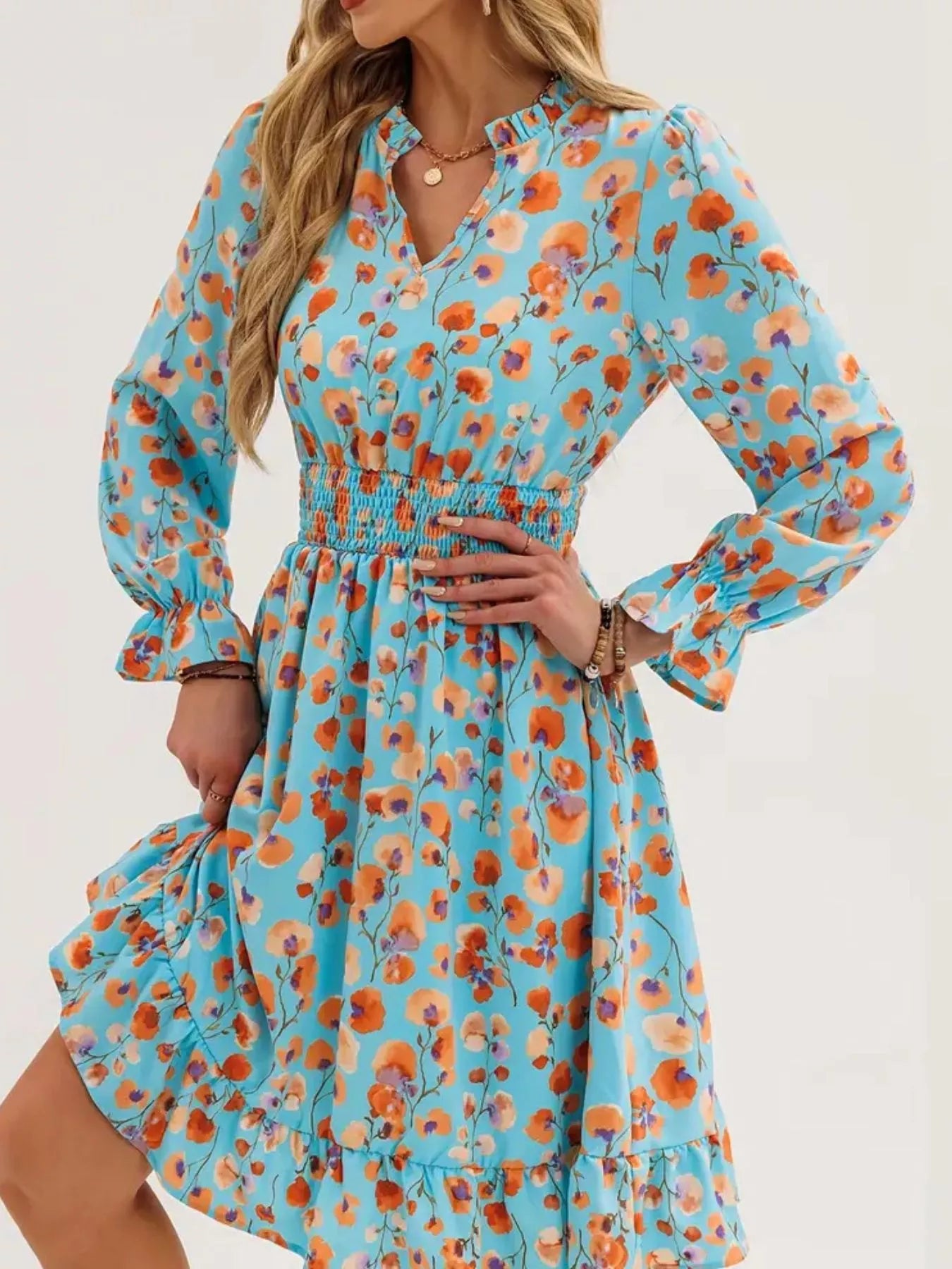 Floral Notched Flounce Sleeve Dress
