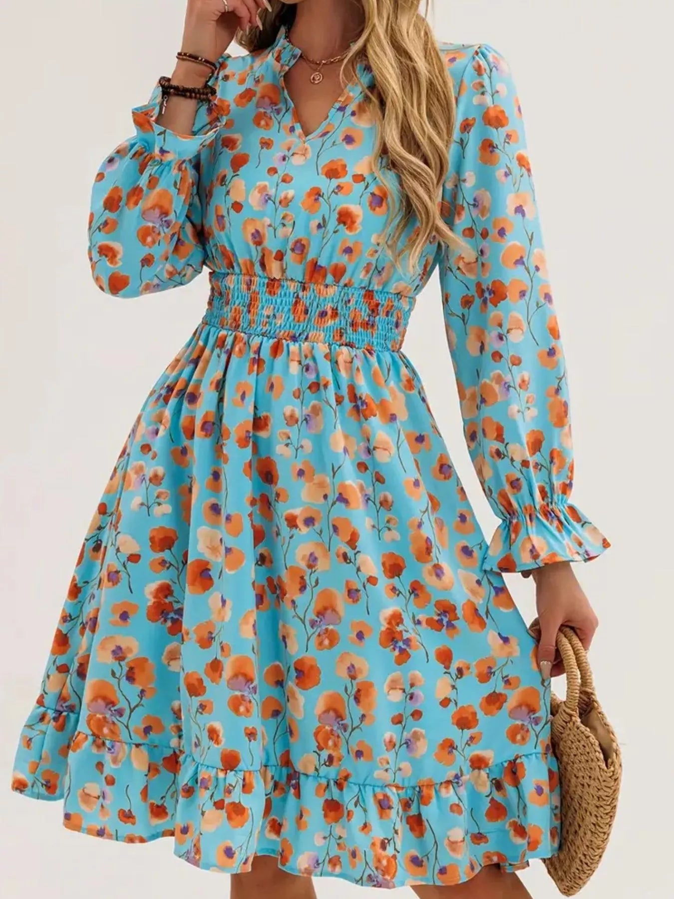 Floral Notched Flounce Sleeve Dress