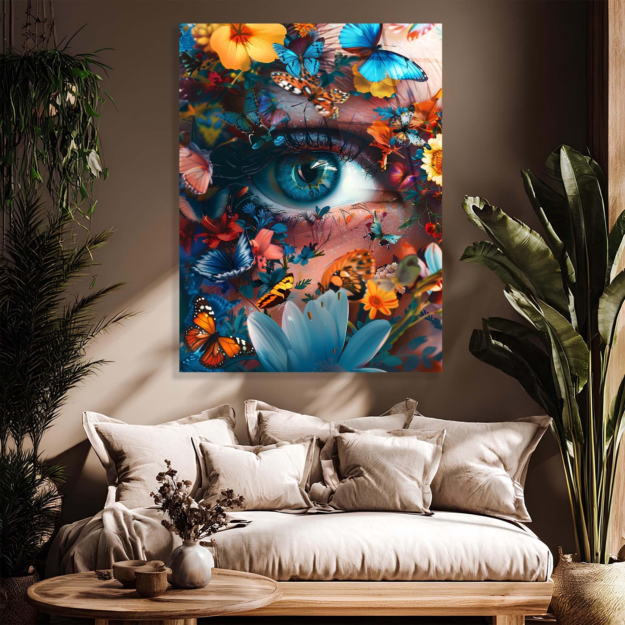 Butterfly Garden Eye Tempered Glass Wall Art | Surreal Botanical Decor