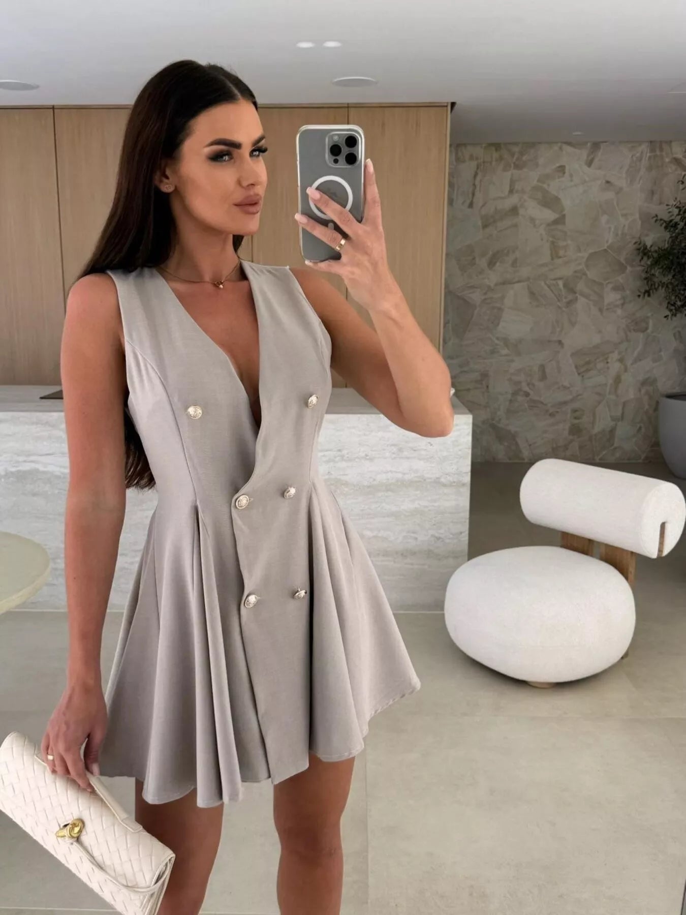Double-Breasted V-Neck Mini Dress