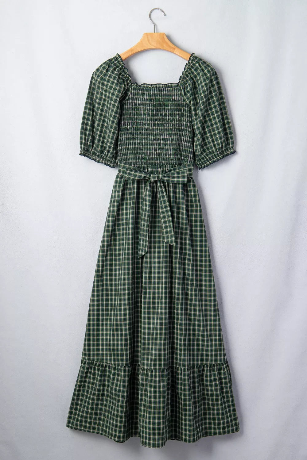 Plaid Square Neck Shirred High Waist Ruffle Hem Maxi Dress