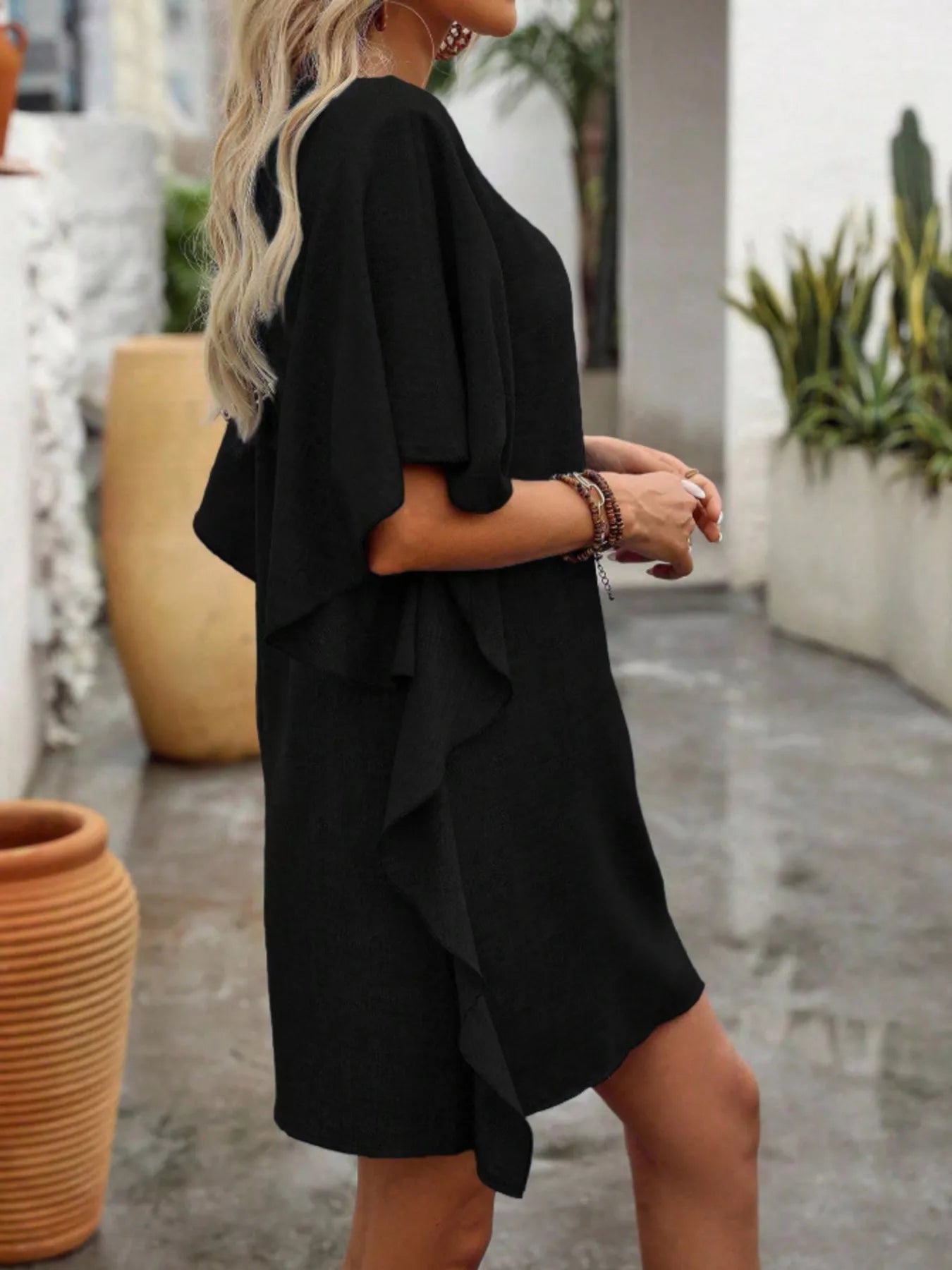 Flowy Sleeve V-Neck Casual Mini Dress