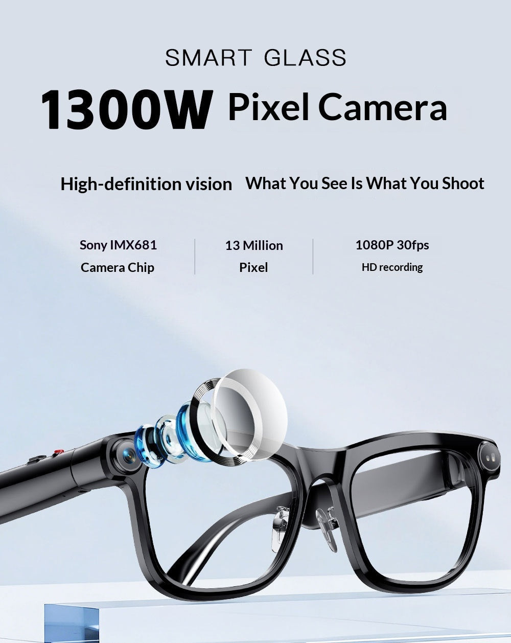 AI Smart Glasses, 1300 MP High Definition Camera, Anti Shake Shooting, Object Recognition Multi Functional Eyeglasses