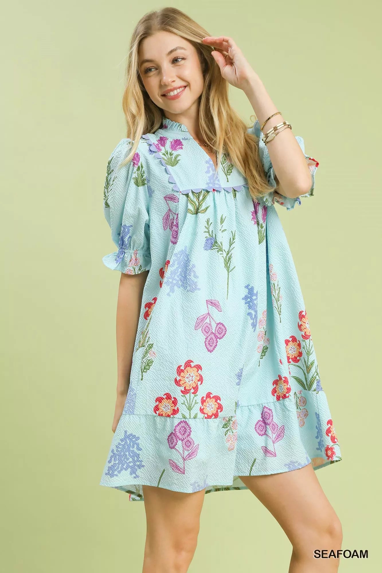 Umgee Multi Flower Print V-Neck Dress