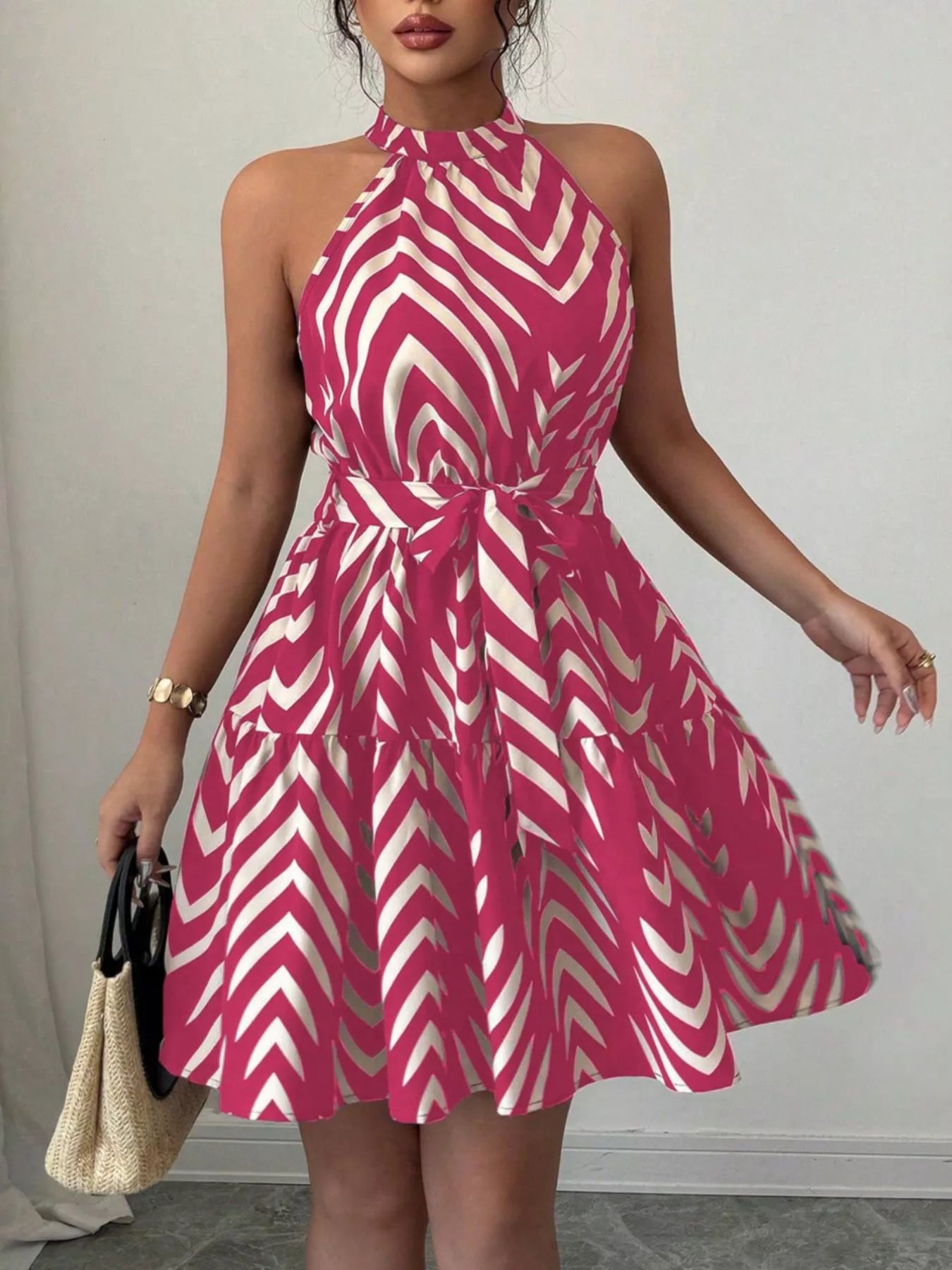 Zebra Print Halter Neck Tie Waist Ruffle Hem Dress