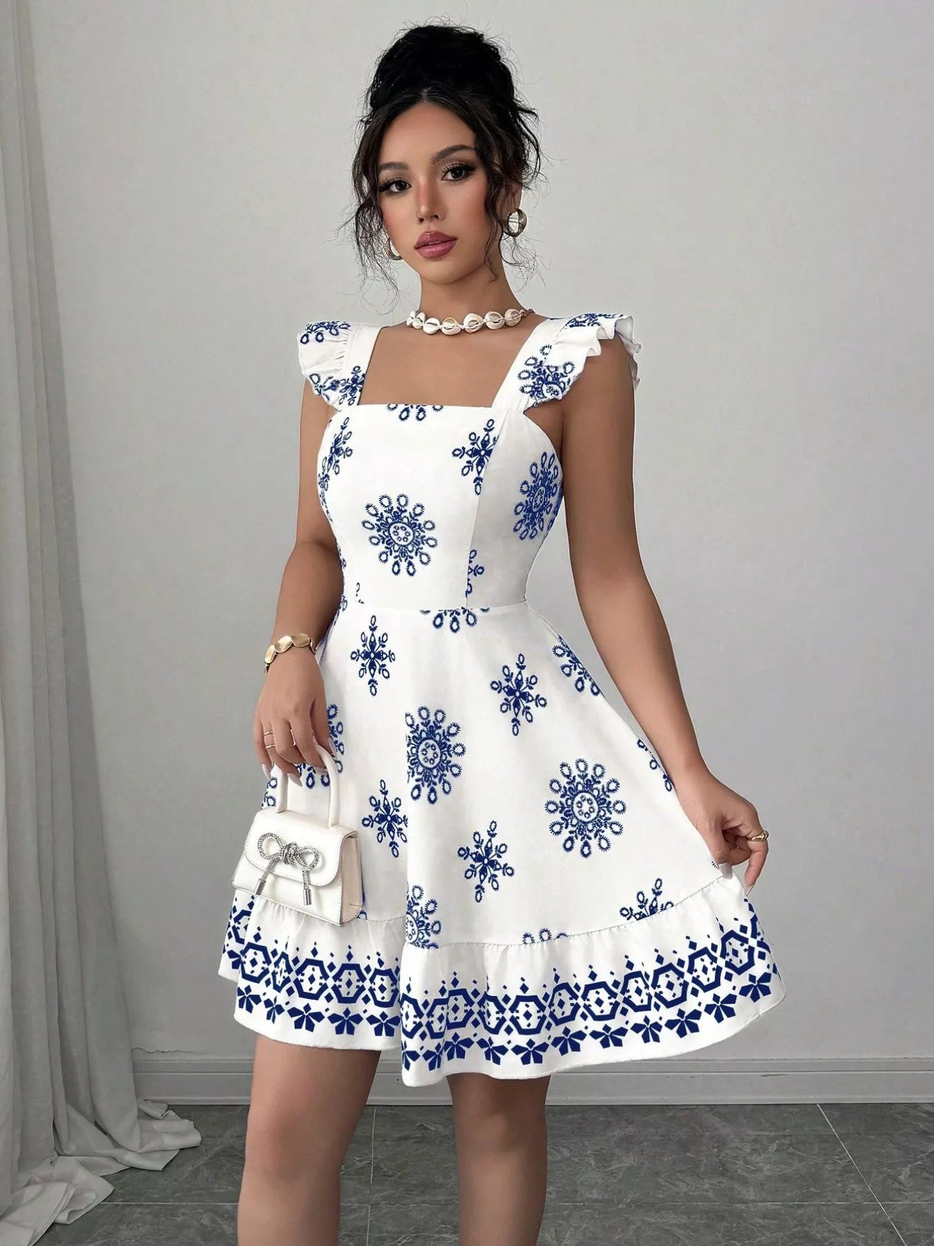 Printed Bow Back Square Neck Mini Dress