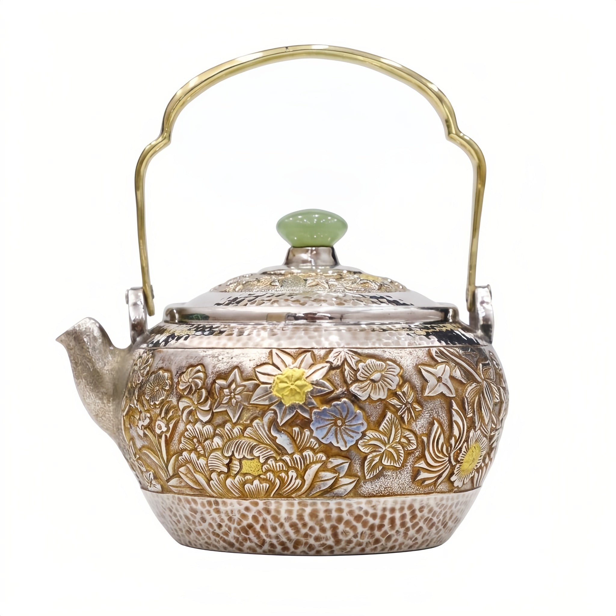 925 Sterling Silver Handcrafted Ornate Metal Teapot Featuring Jade Finial and Intricate Floral Carvings - Handicraft