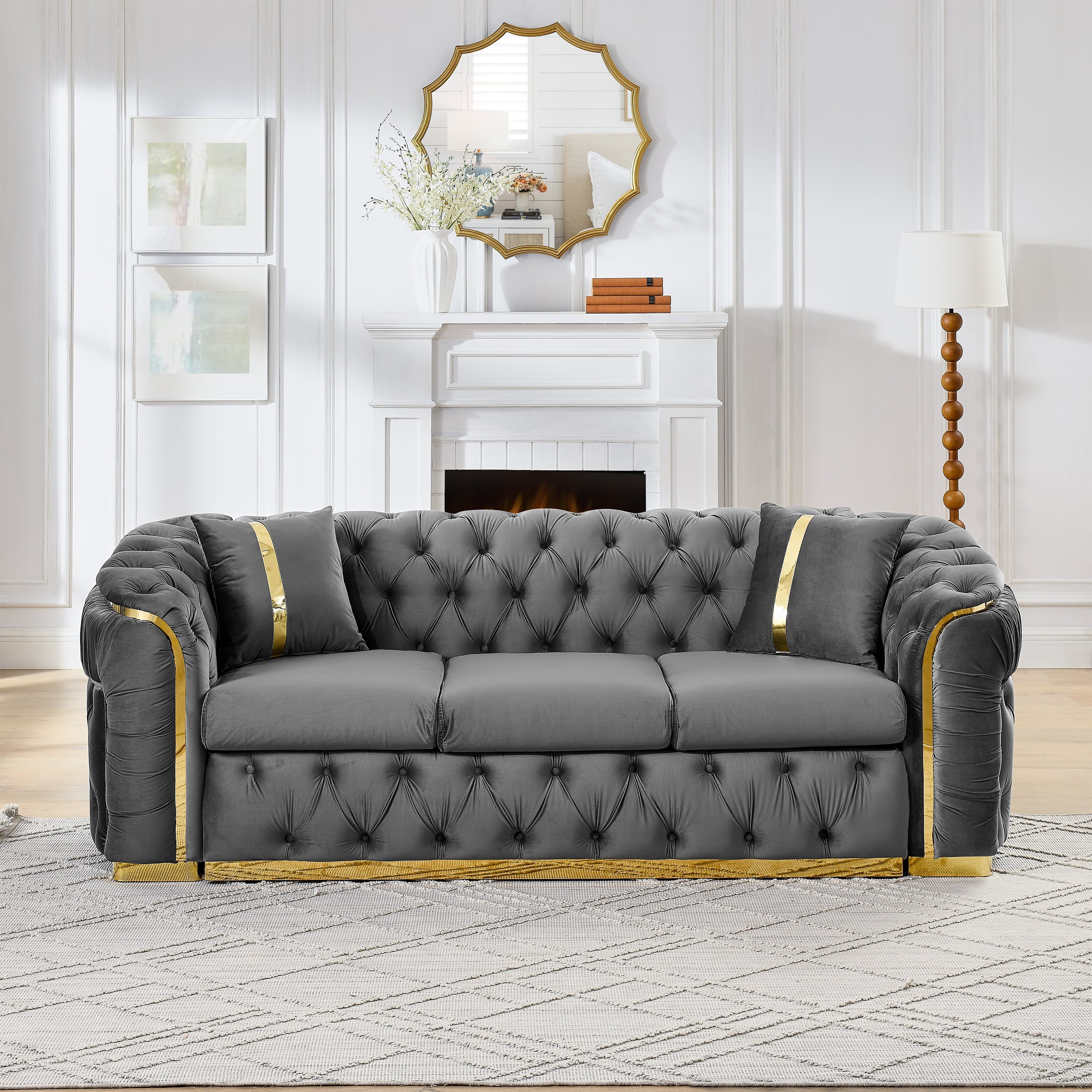 90.6 Inches Velvet Button Tufted Sofa Couch with 2 Pillows