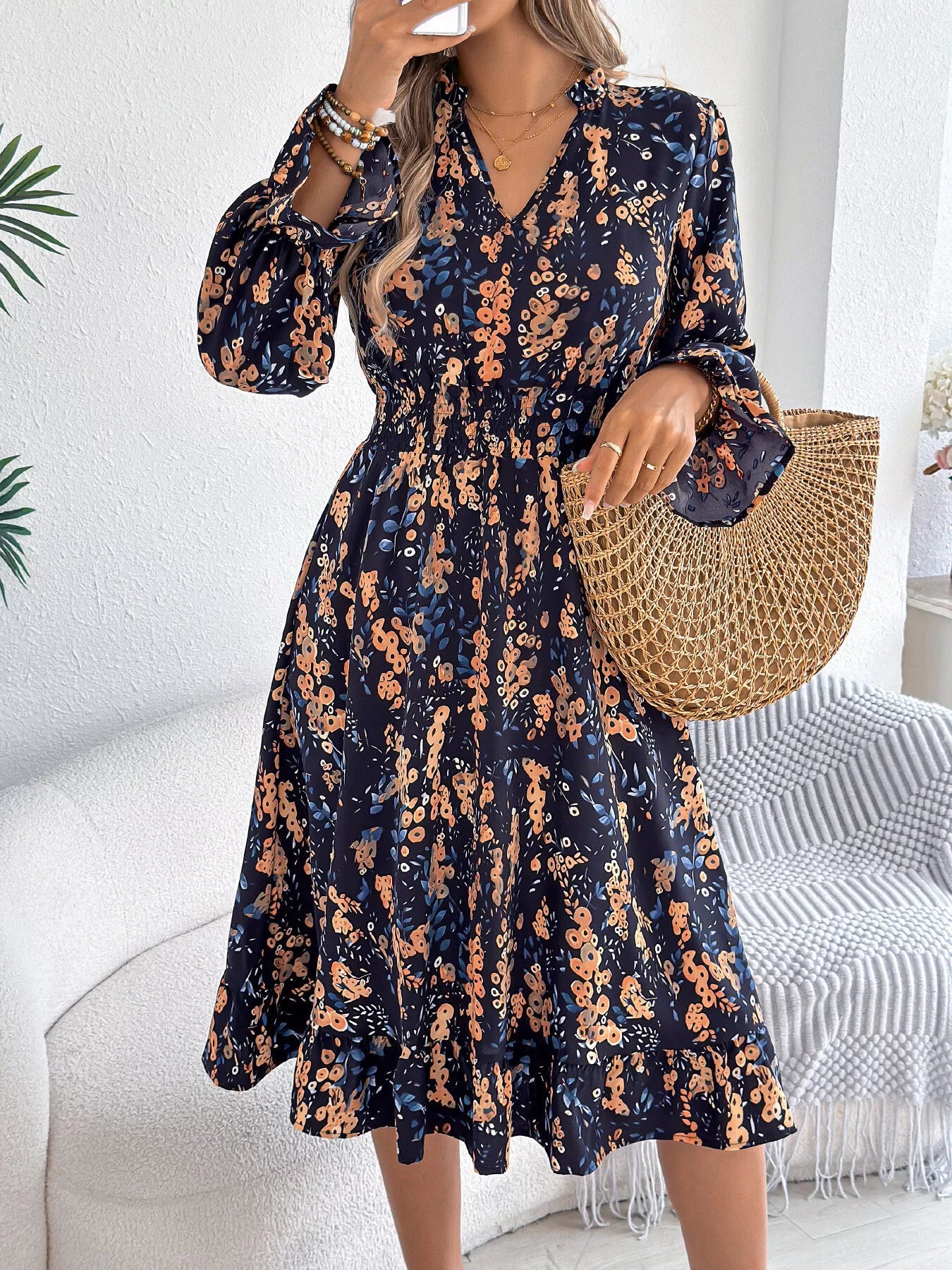 Floral Print Ruffle Hem Flounce Sleeve A-Line Dress