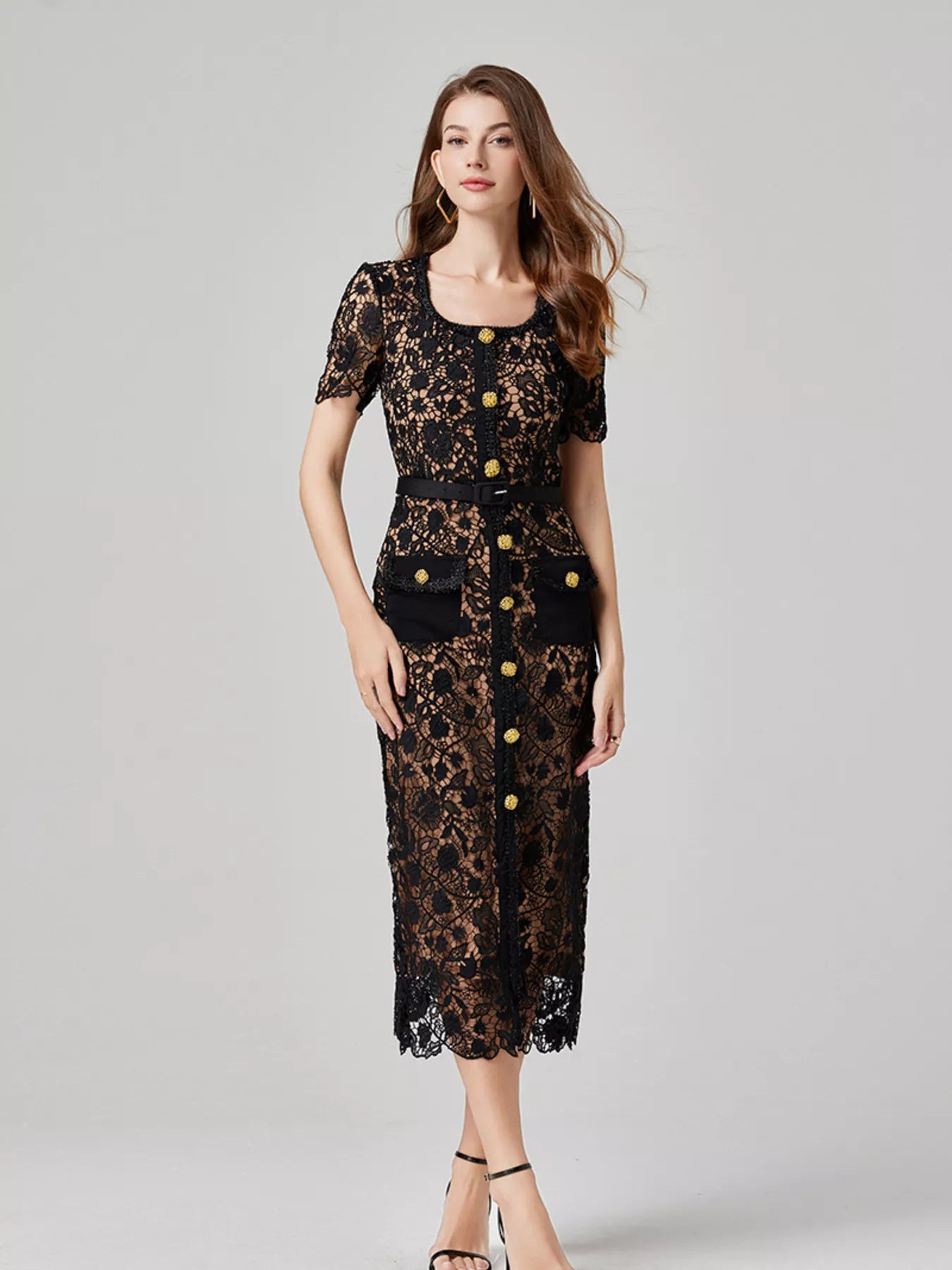Lace Button-Up Midi Dress