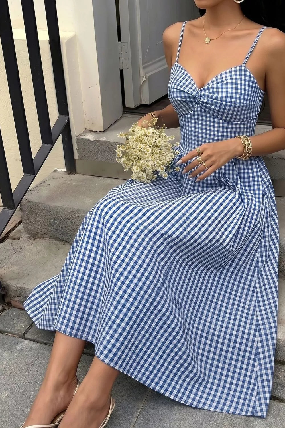 Gingham Knot Front Cami Midi Dress