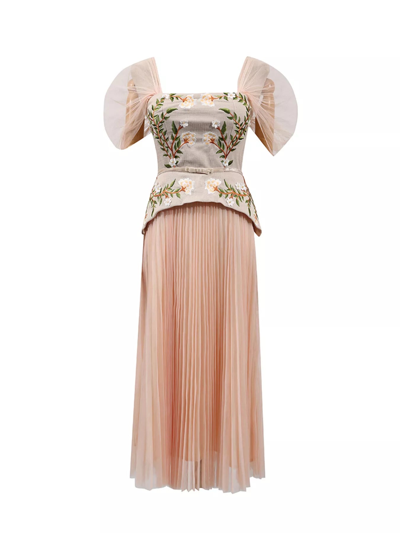 Embroidered Tulle Pleated Midi Dress
