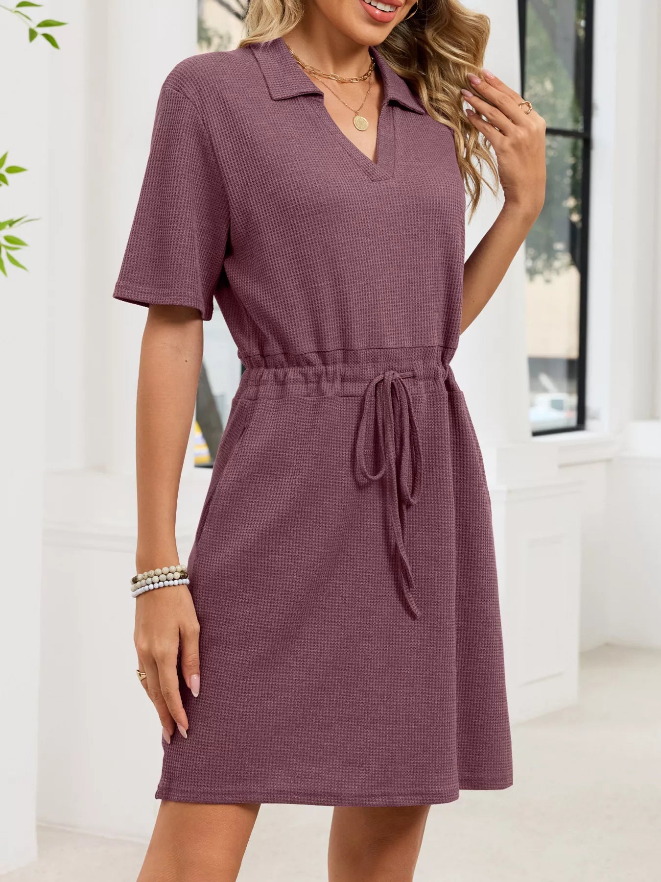 Casual Knit Polo Collar Drawstring Waist Dress