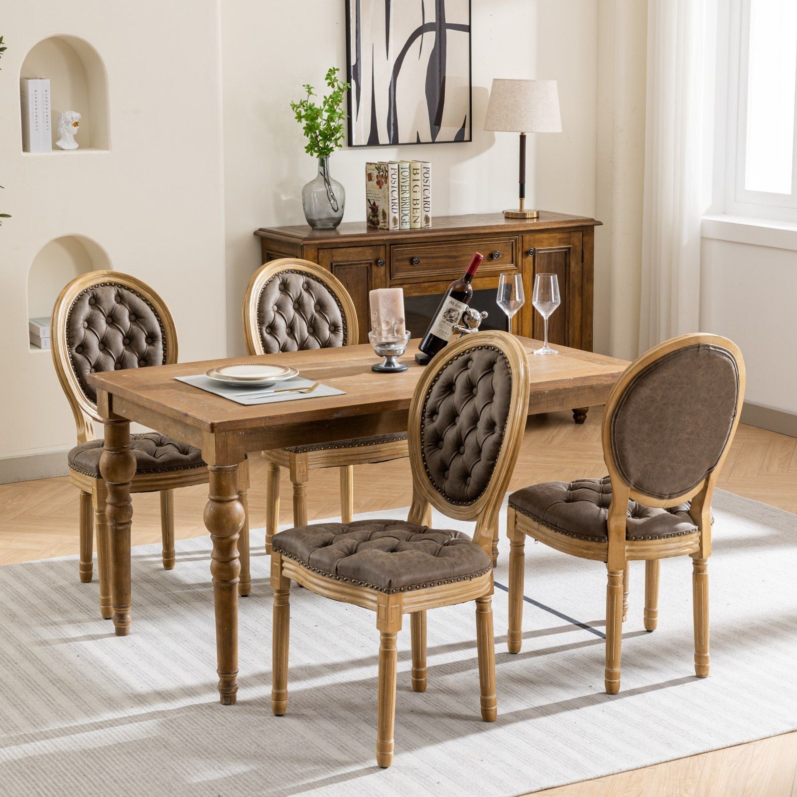 French Style Solid Wood Frame Antique Painting, Hand-Pulled Buckle Decoration Artificial Dining Chair With Nailhead Trim, Wood Legs