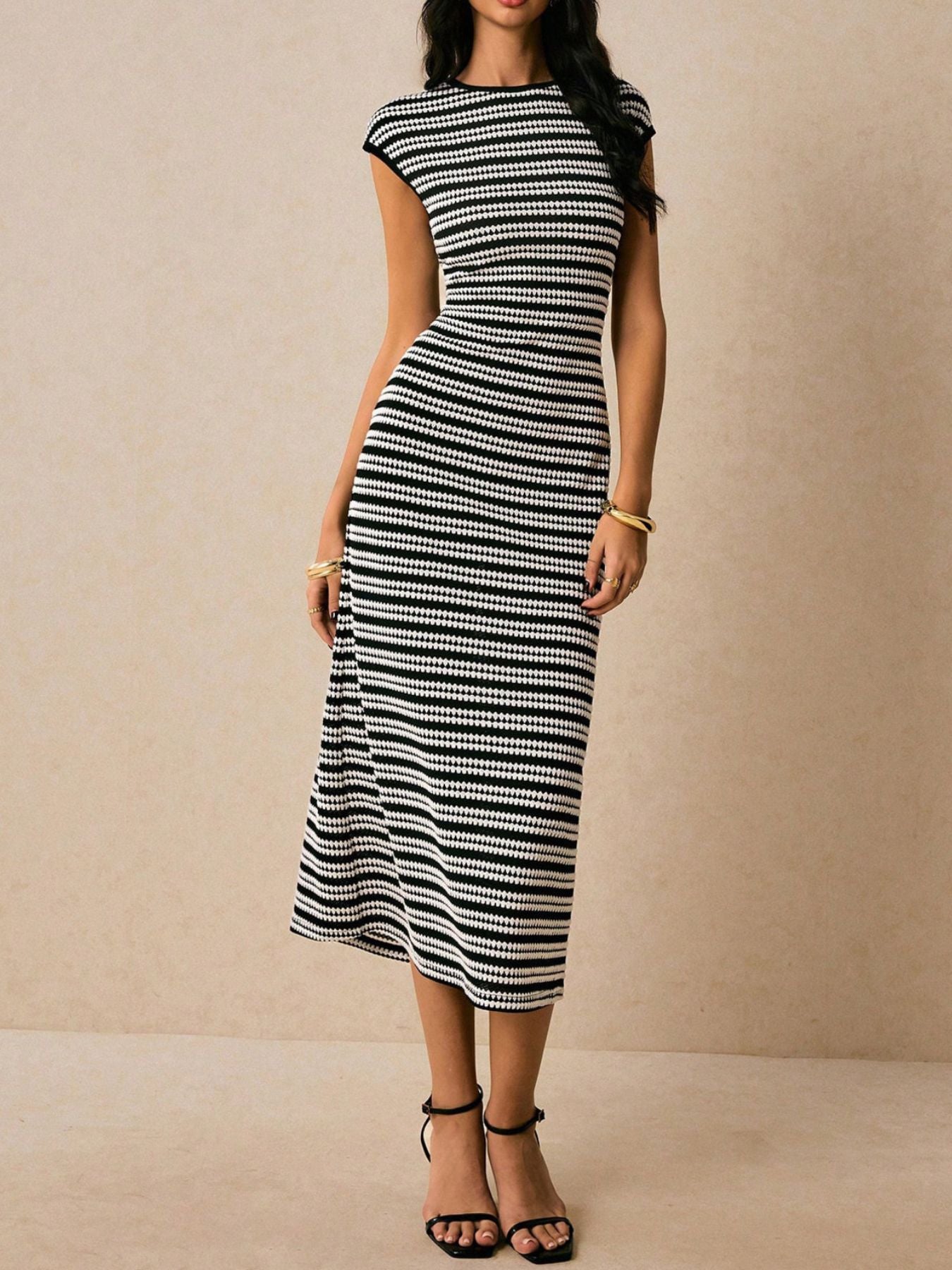 Striped Cap Sleeve Bodycon Midi Dress