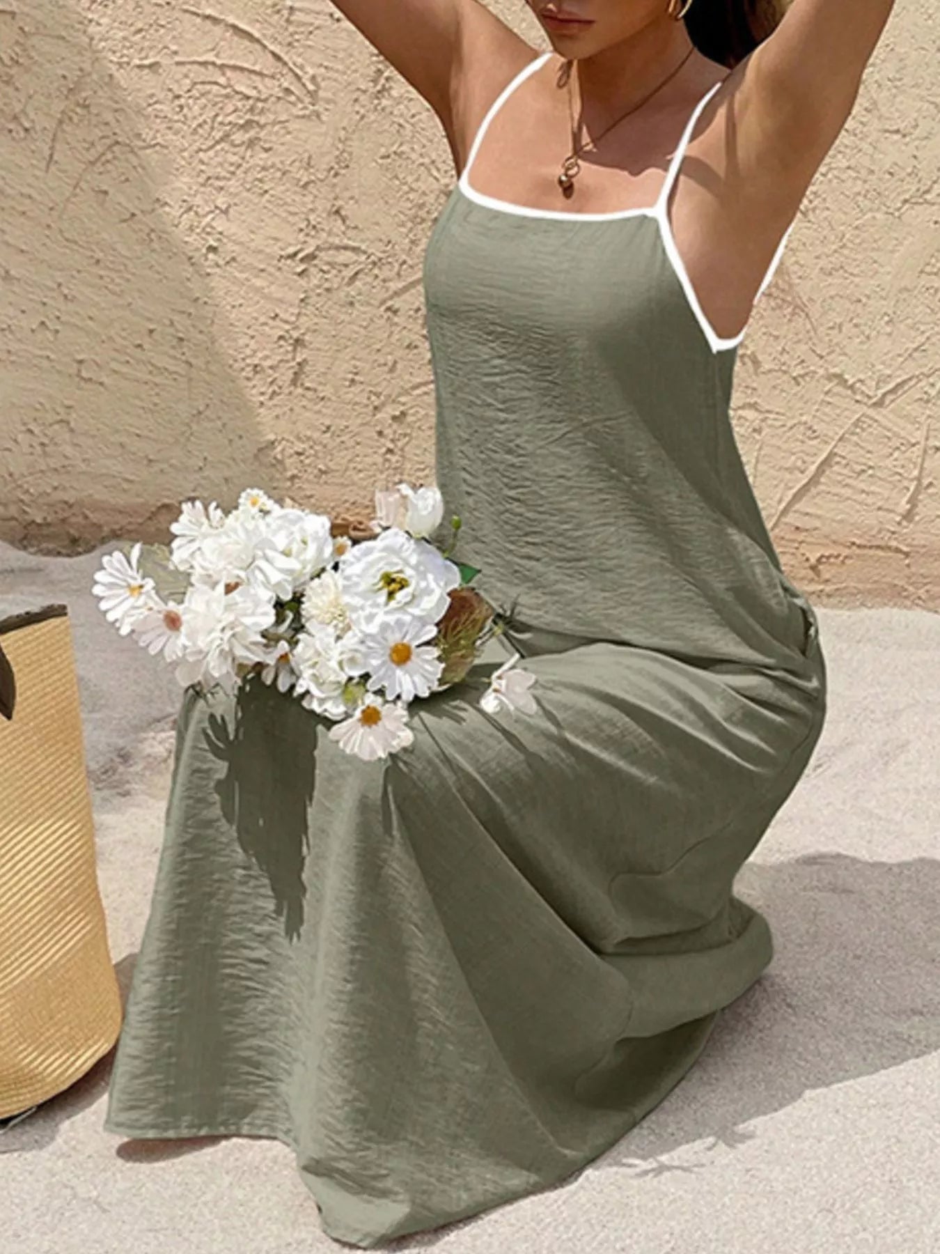Spaghetti Strap Maxi Dress with Contrasting Trim