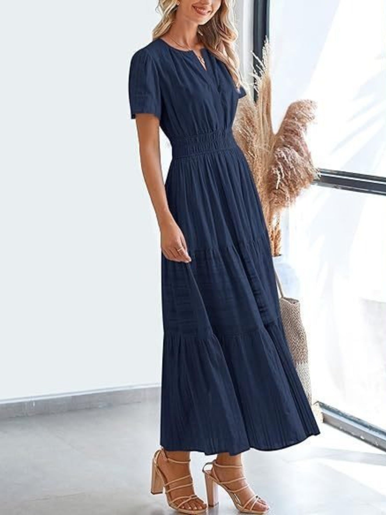 Notched Short Sleeve Tiered Dress