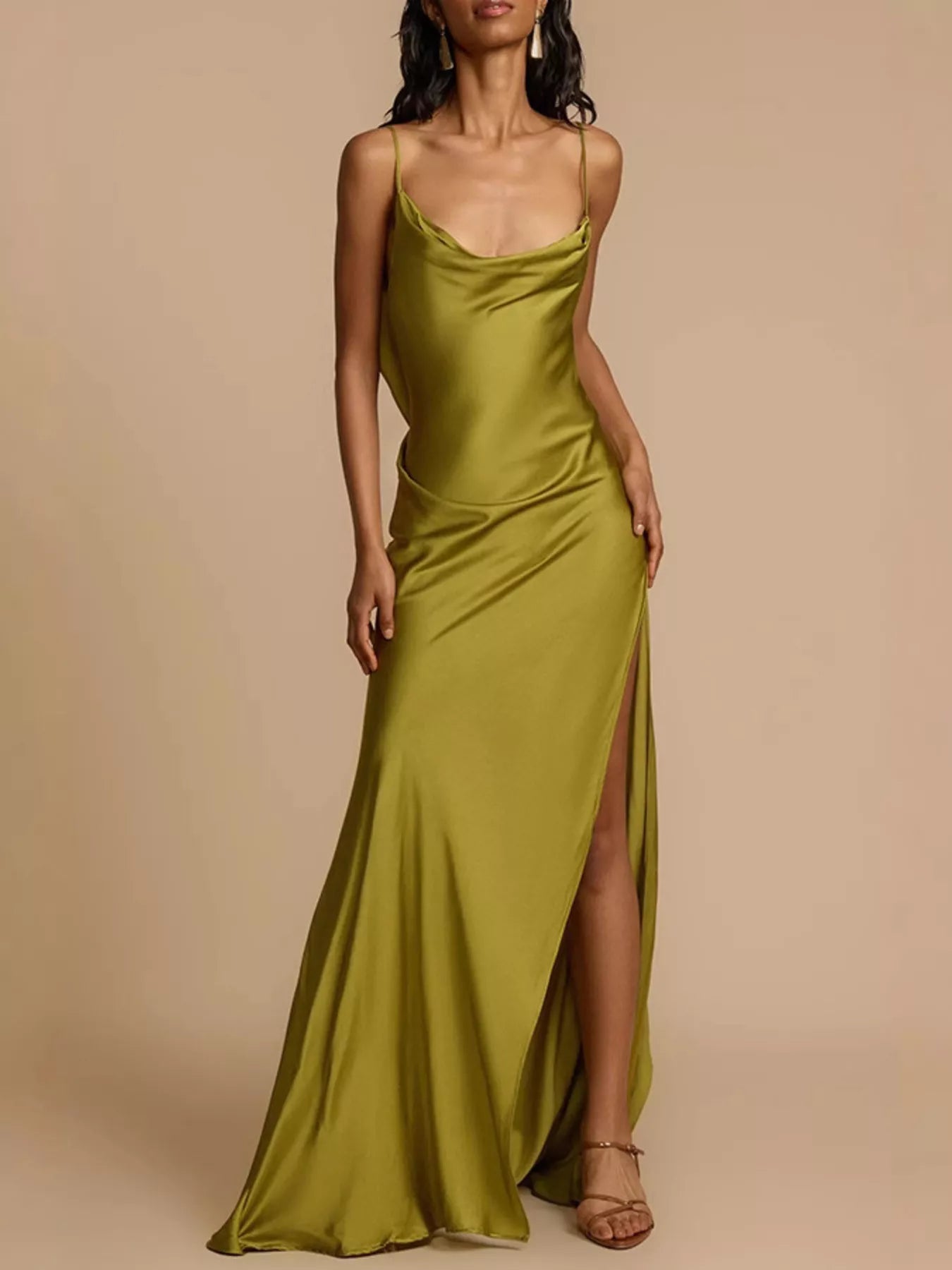 Satin Cowl Neck Slit Maxi Dress