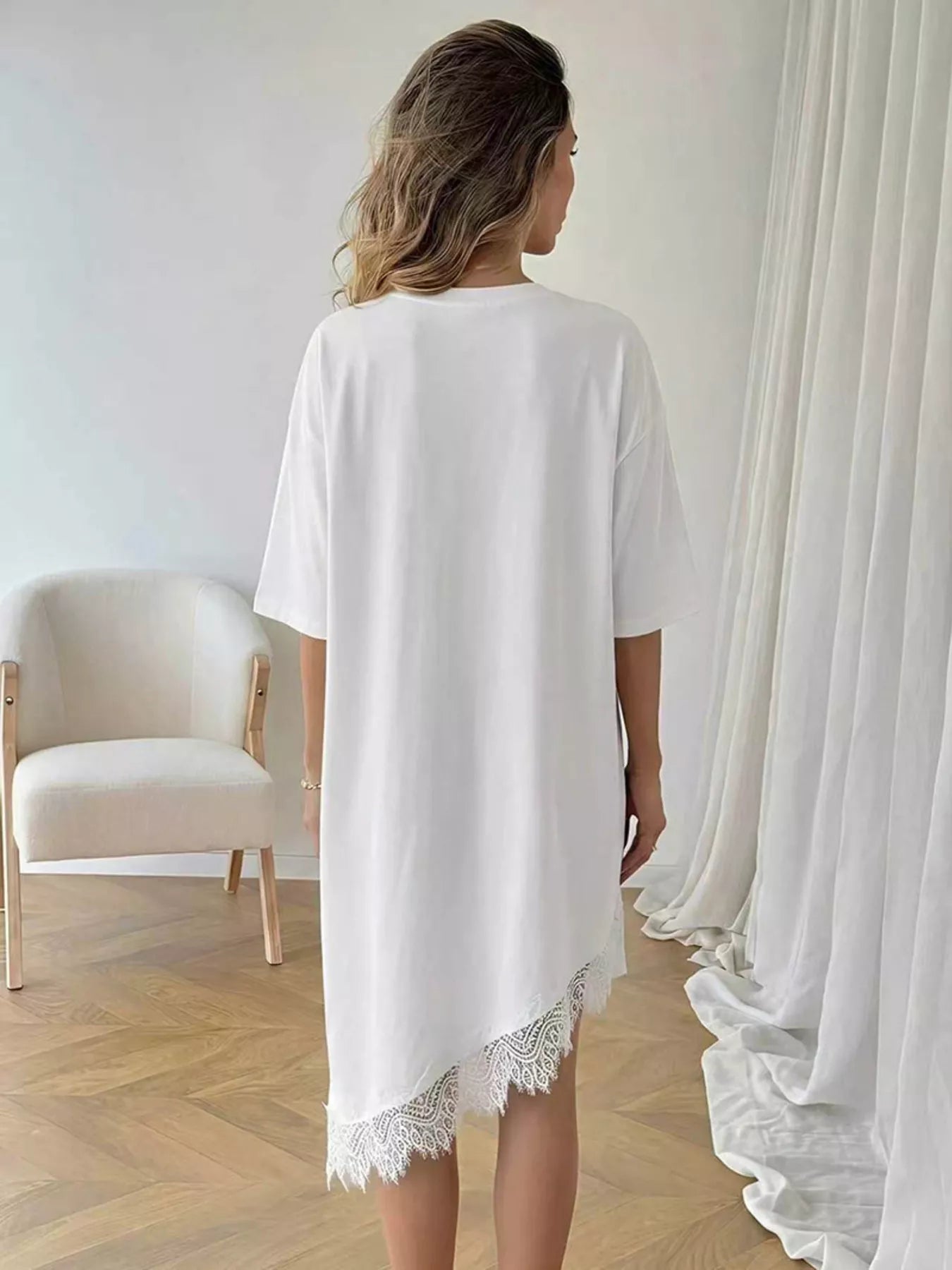 Lace Trim Asymmetrical Hem T-shirt Dress