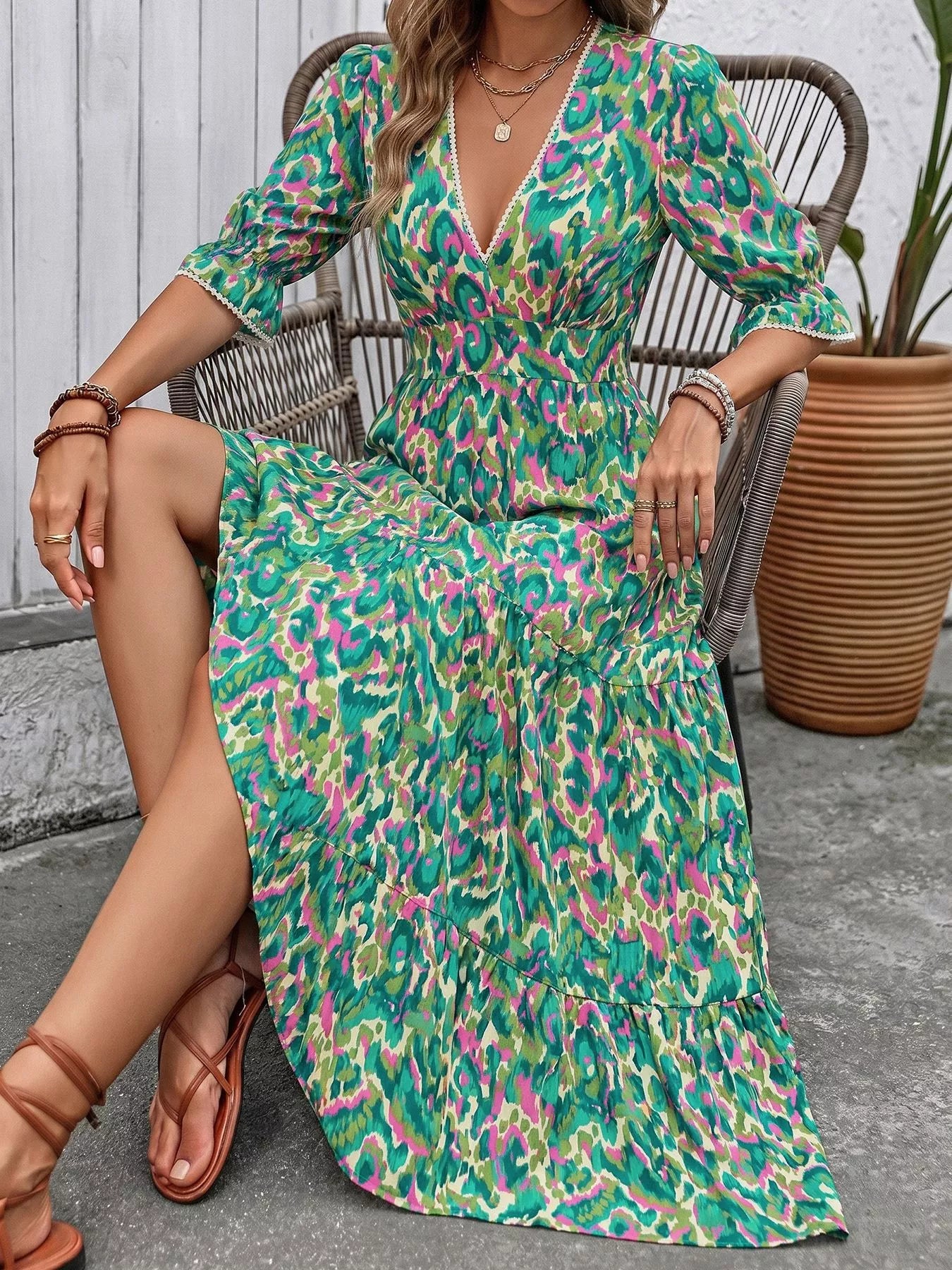 Printed V-Neck Flounce Sleeve Dress