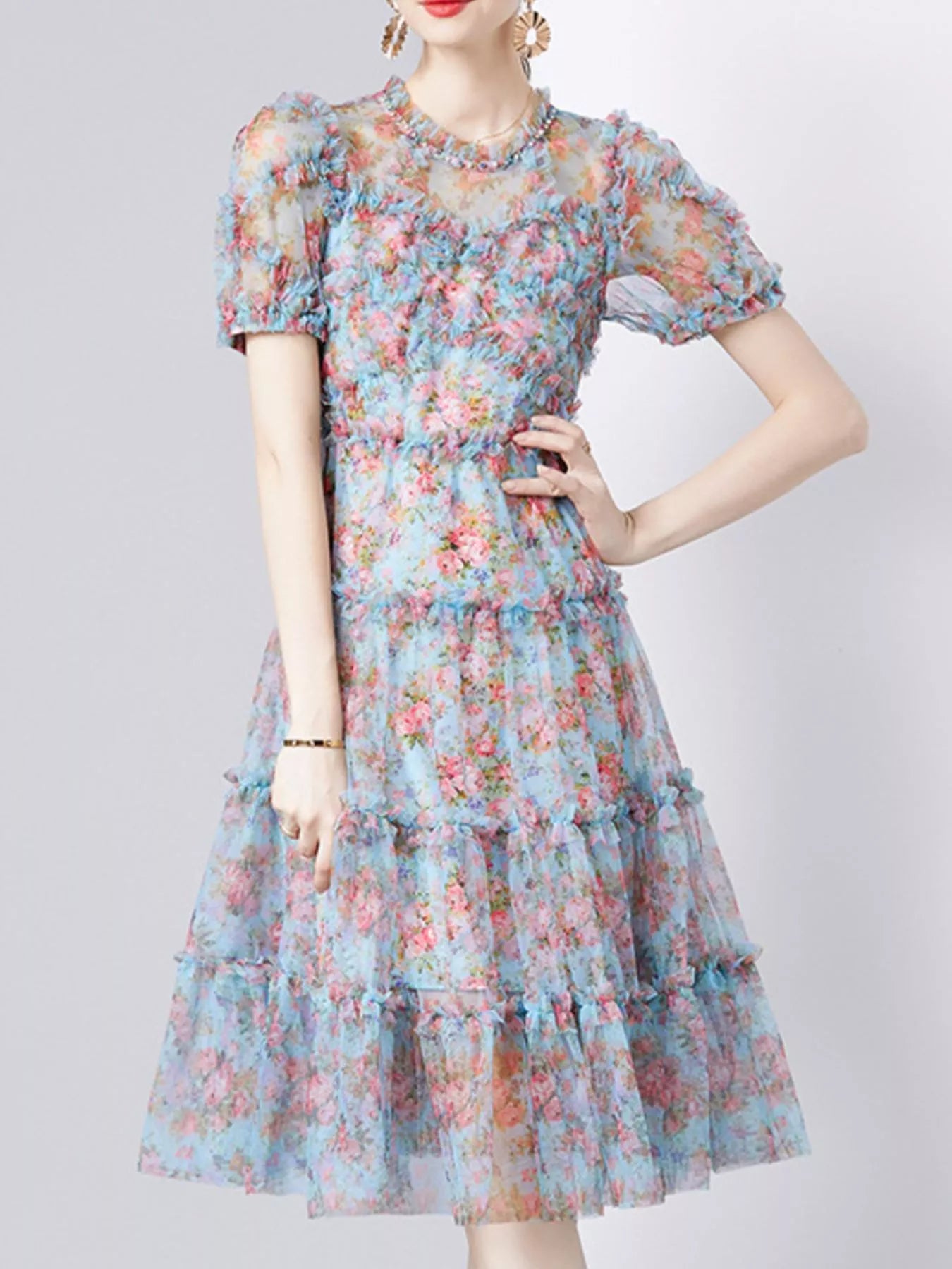 Frill Floral Print Short Sleeve Dress