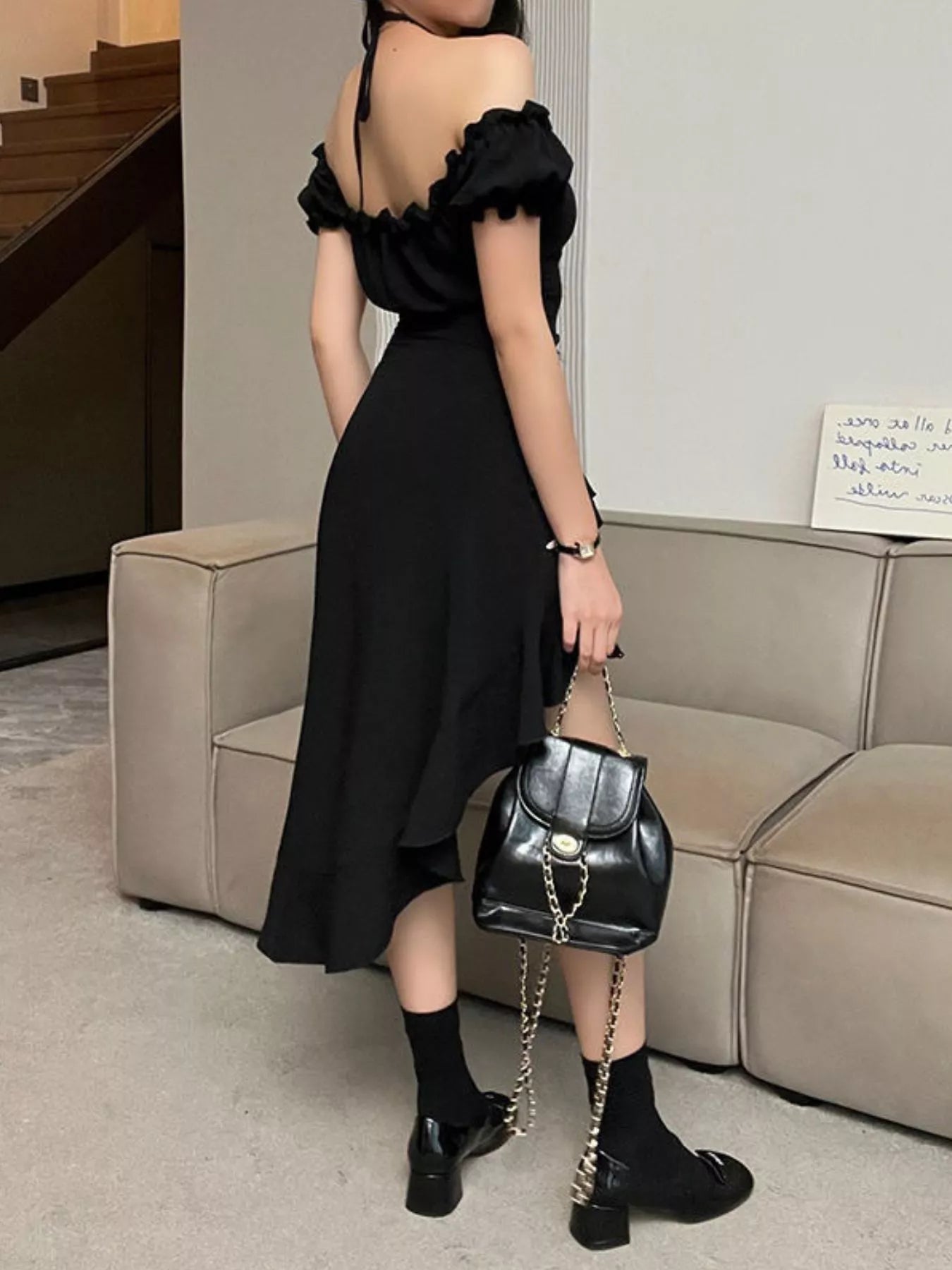 Off-Shoulder Ruffle Hem High-Low Dress